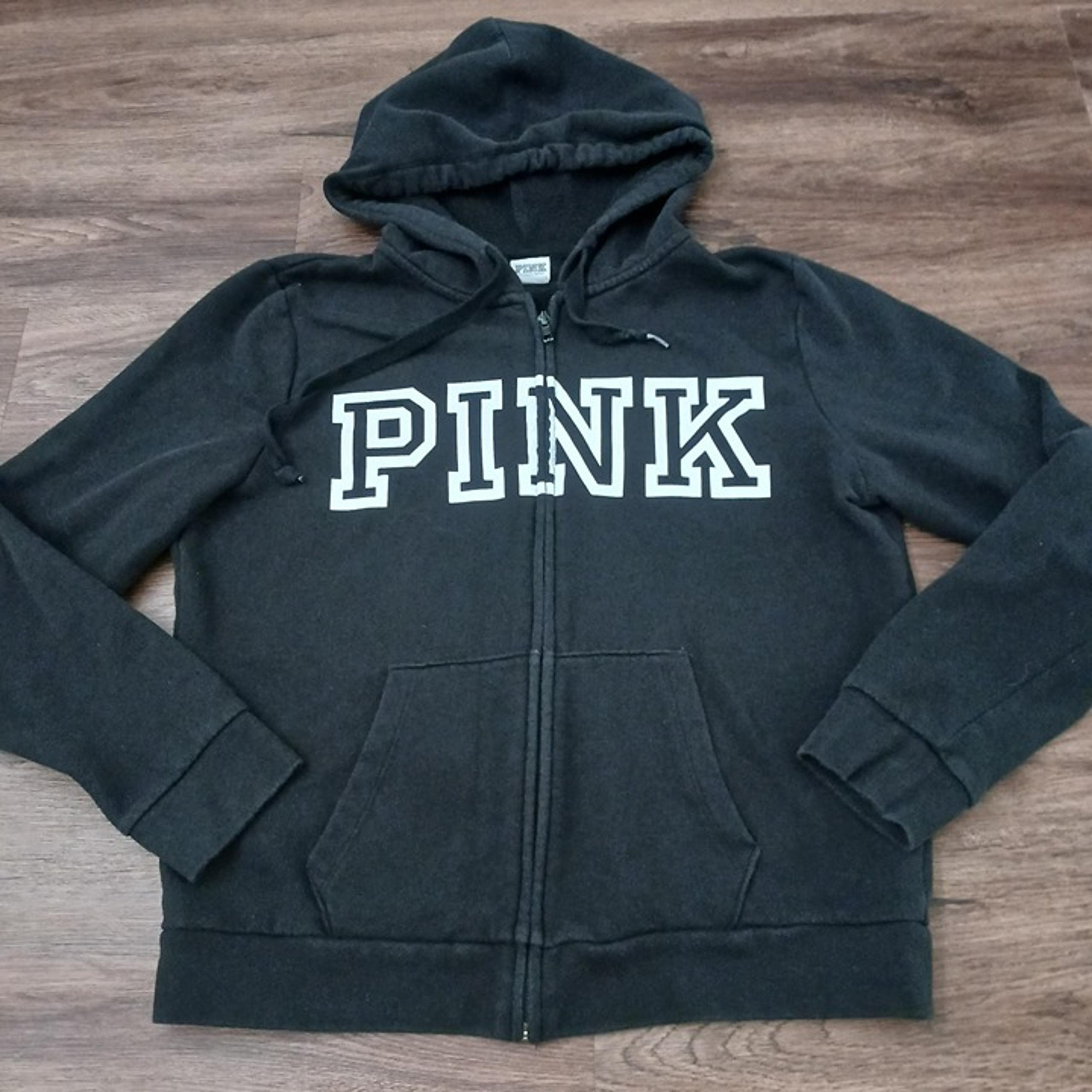 Victoria's Secret Black White Pink Zip Up Hoodie Sweatshirt Size L Large