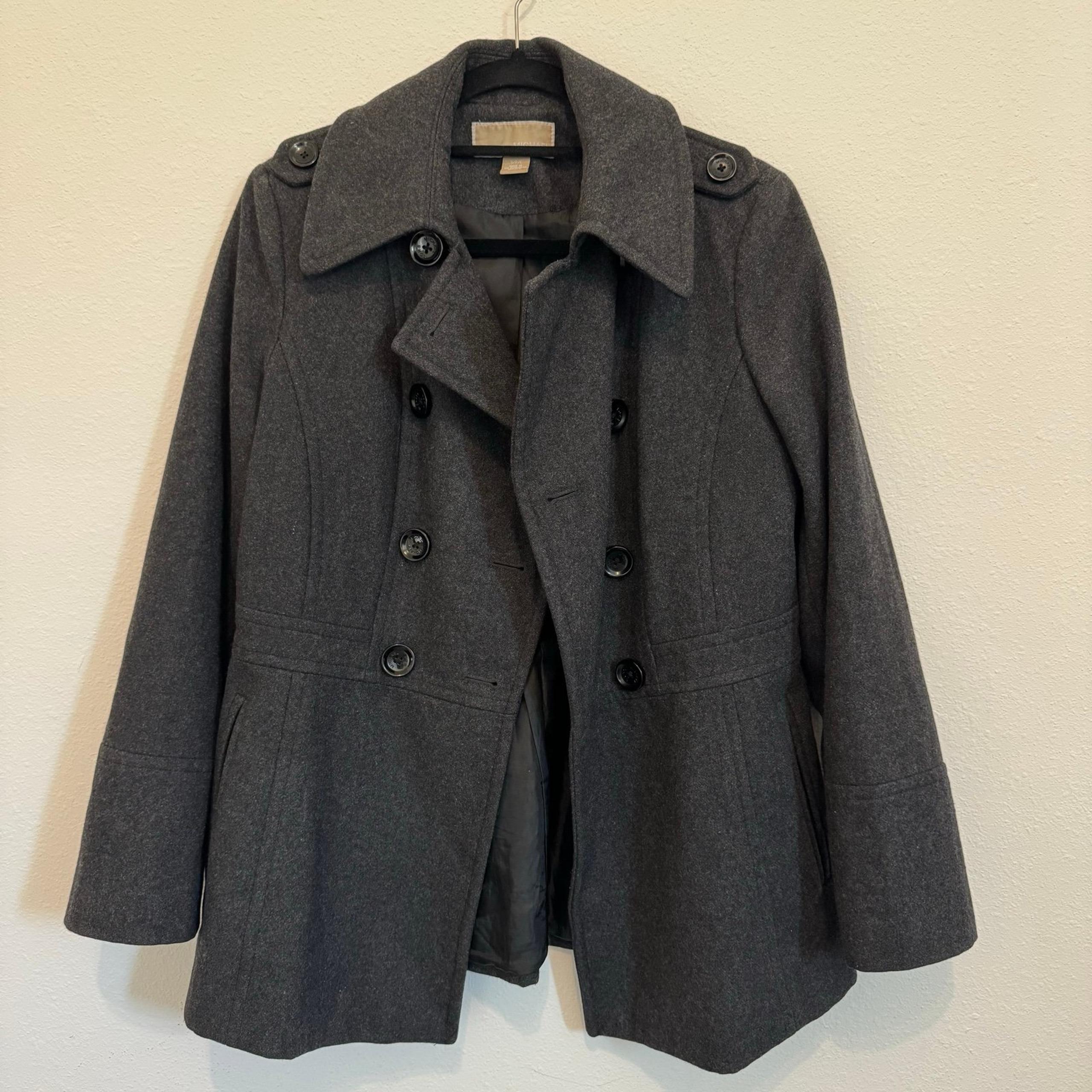 Michael Kors Pea Coat Womens Size Small Wool Blend Dark Grey Trench Jacket