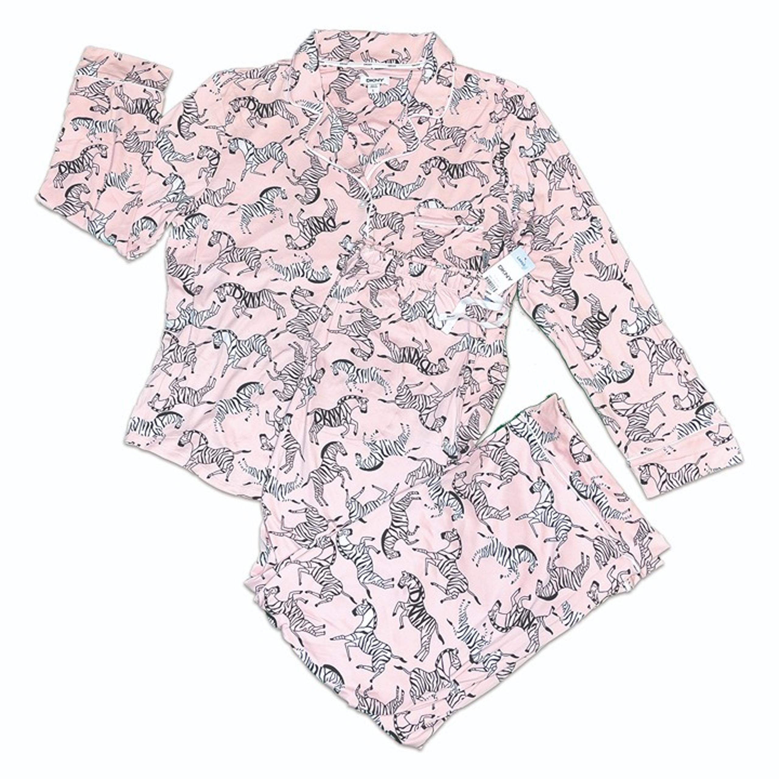 NWT DKNY Women's Notch Collar PJ Set (Pink Zebra, Large)