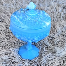 Fenton Cabbage Rose Slag Glass Pedestal Compote & Lid Candy Dish Blue Swirl