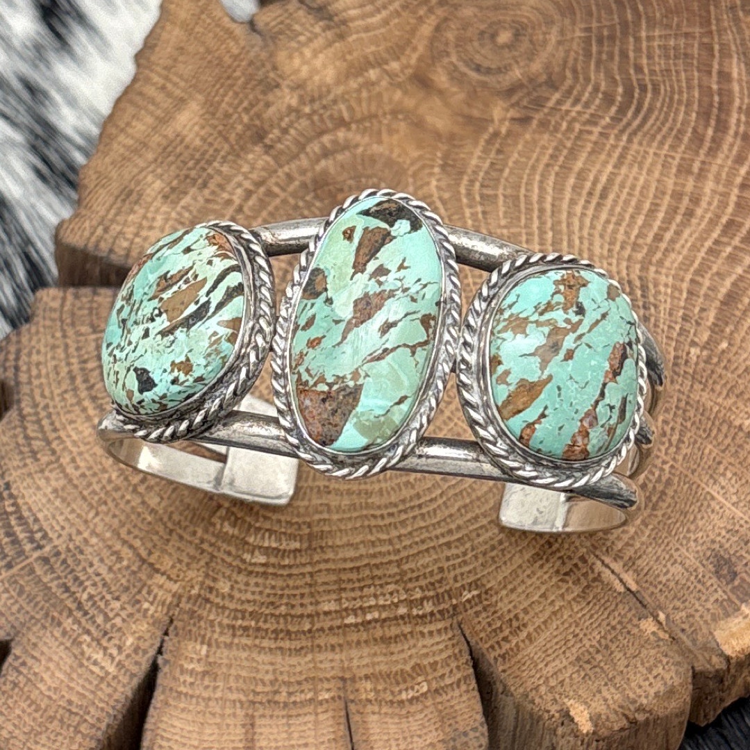 1980s Native American NAVAJO Sterling Silver & Turquoise Composite Cuff Bracelet
