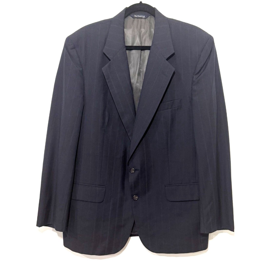 VTG Burberry's 100% Pure Italian Wool Pinstripe Blazer - Black/Blue