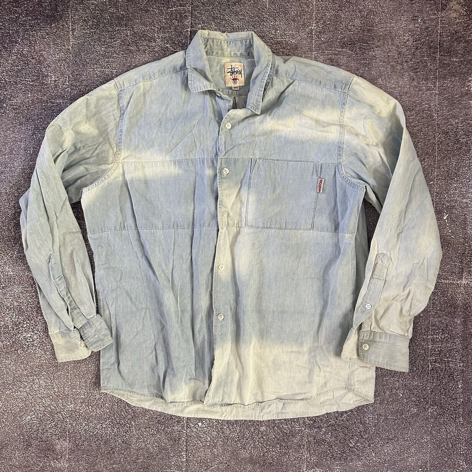 Men's Vintage 90's Stussy USA Light Blue Faded Denim Button Up Shirt Jacket Sz M