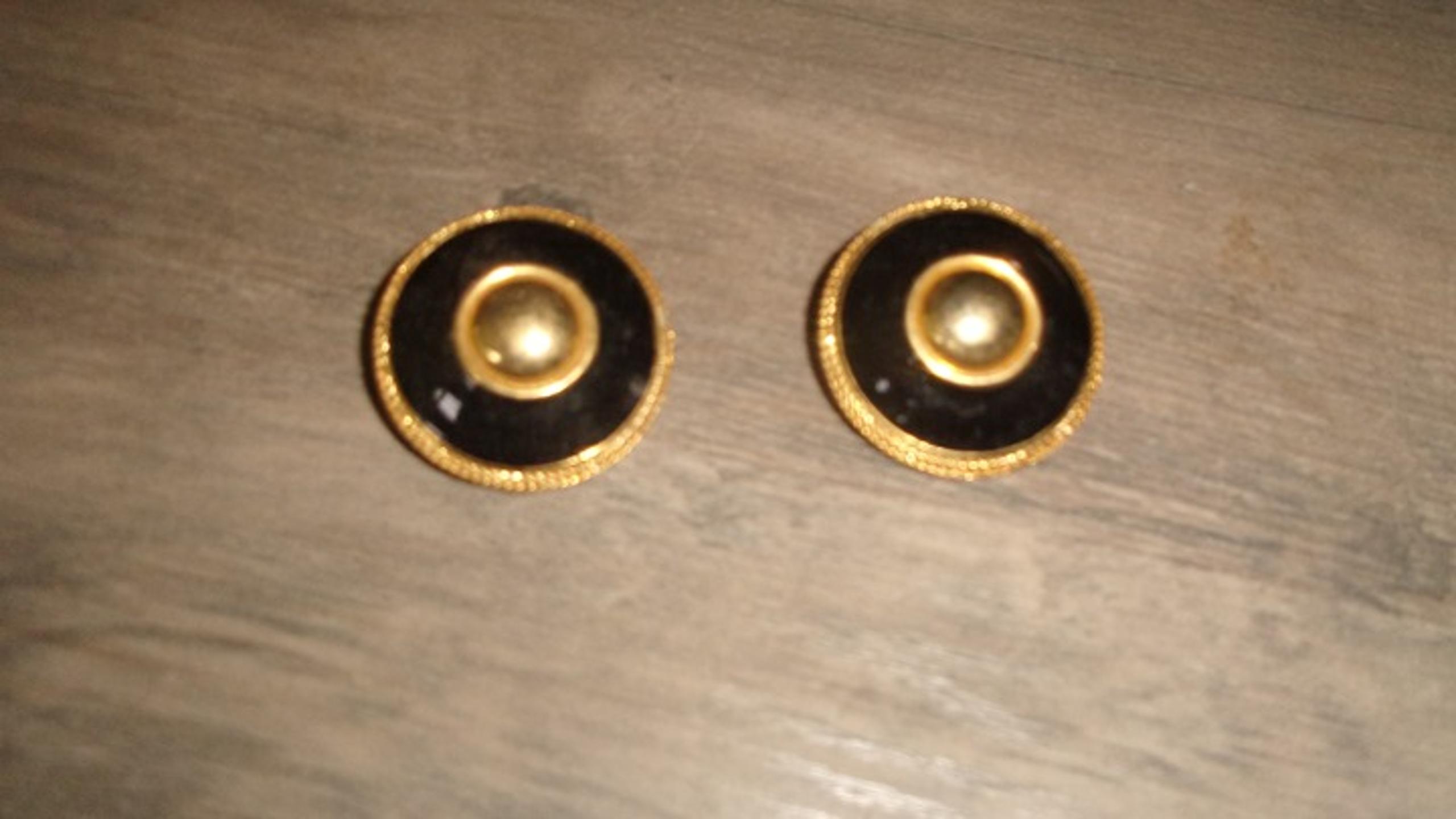 Clip earrings gold tone black enamel domed circles large