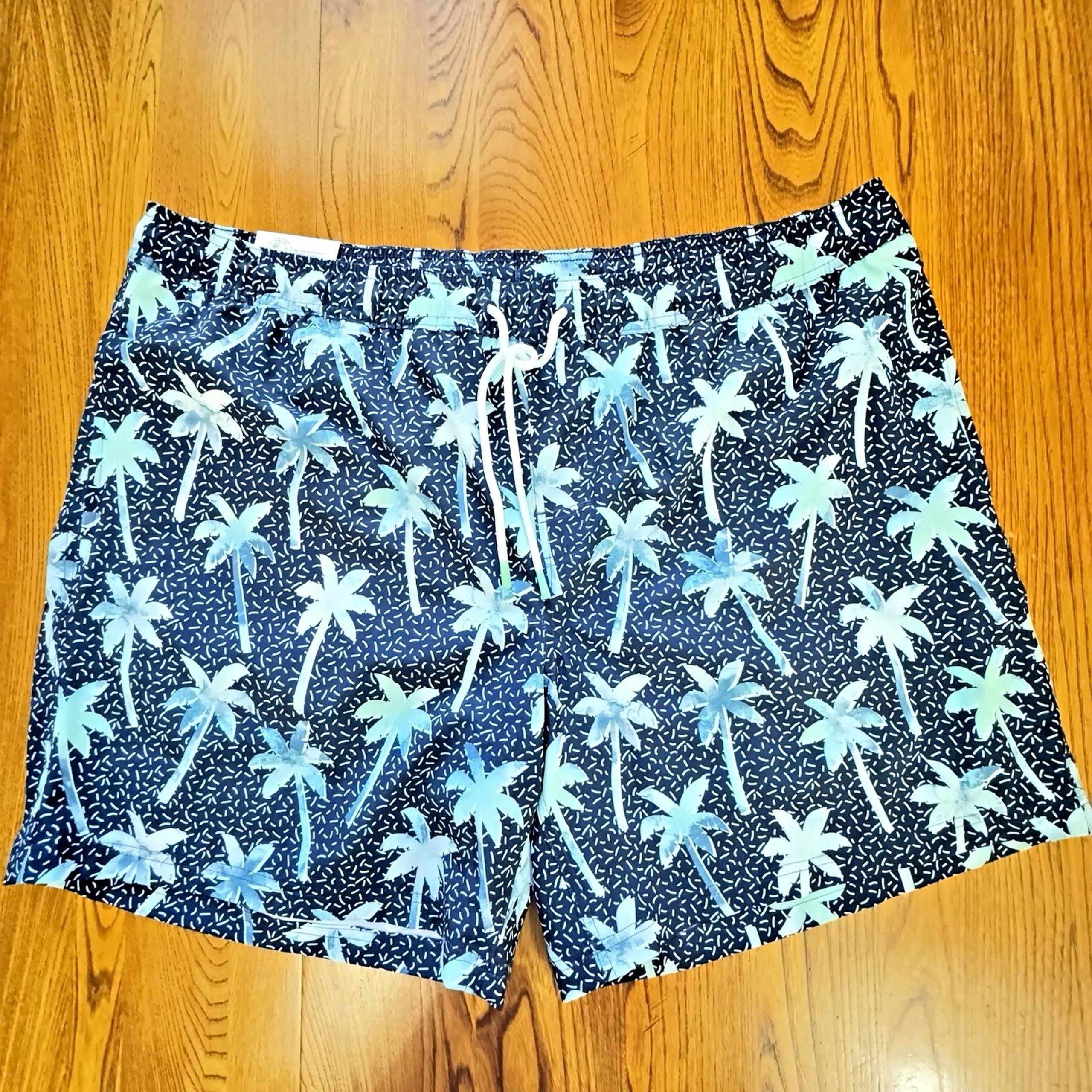 NWT Member's Mark Blue Palm Tree Lined UPF 50 Stretch Resort Swim Trunk Mens XXL