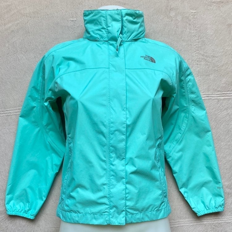 NORTH FACE Hyvent Girls Raincoat, MED 10/12, Green, Removable Hood, Zip Pockets