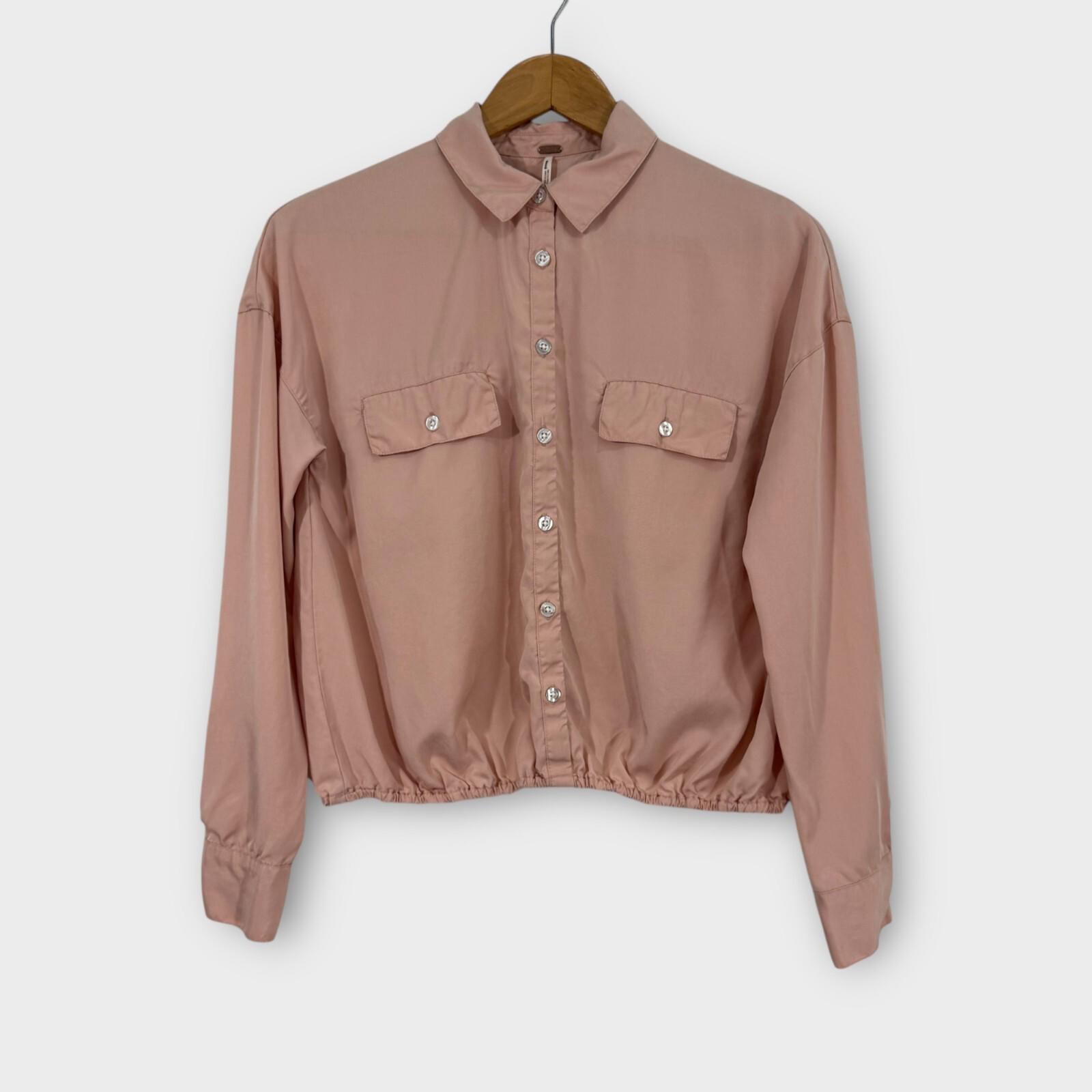 Free People Womens Size 0 XS Light Pink Lyocell Collared Cut Out Back Shirt