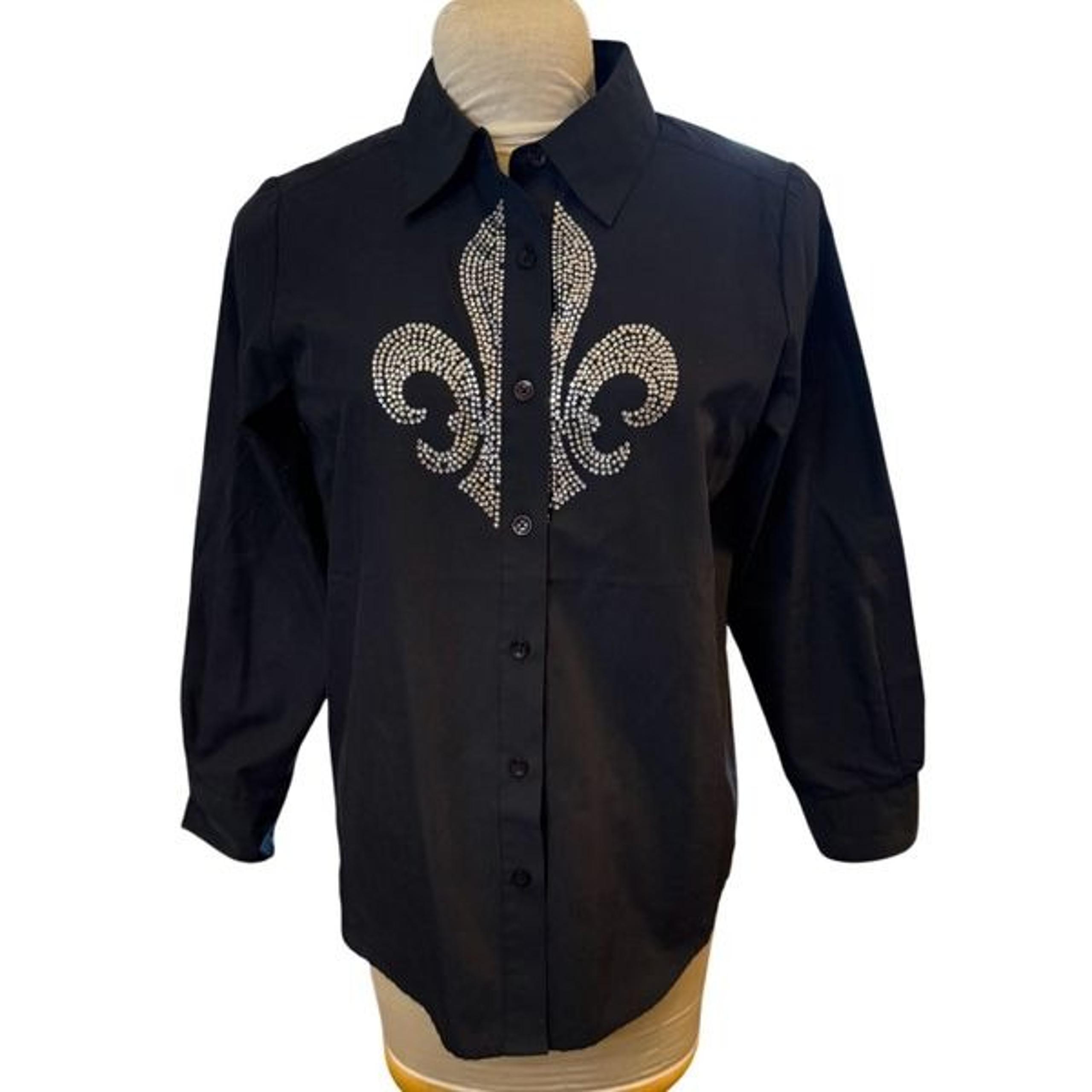Quacker Factory Rhinestone Fleur de Lis Oversized Blouse Black Sz. S Stretch
