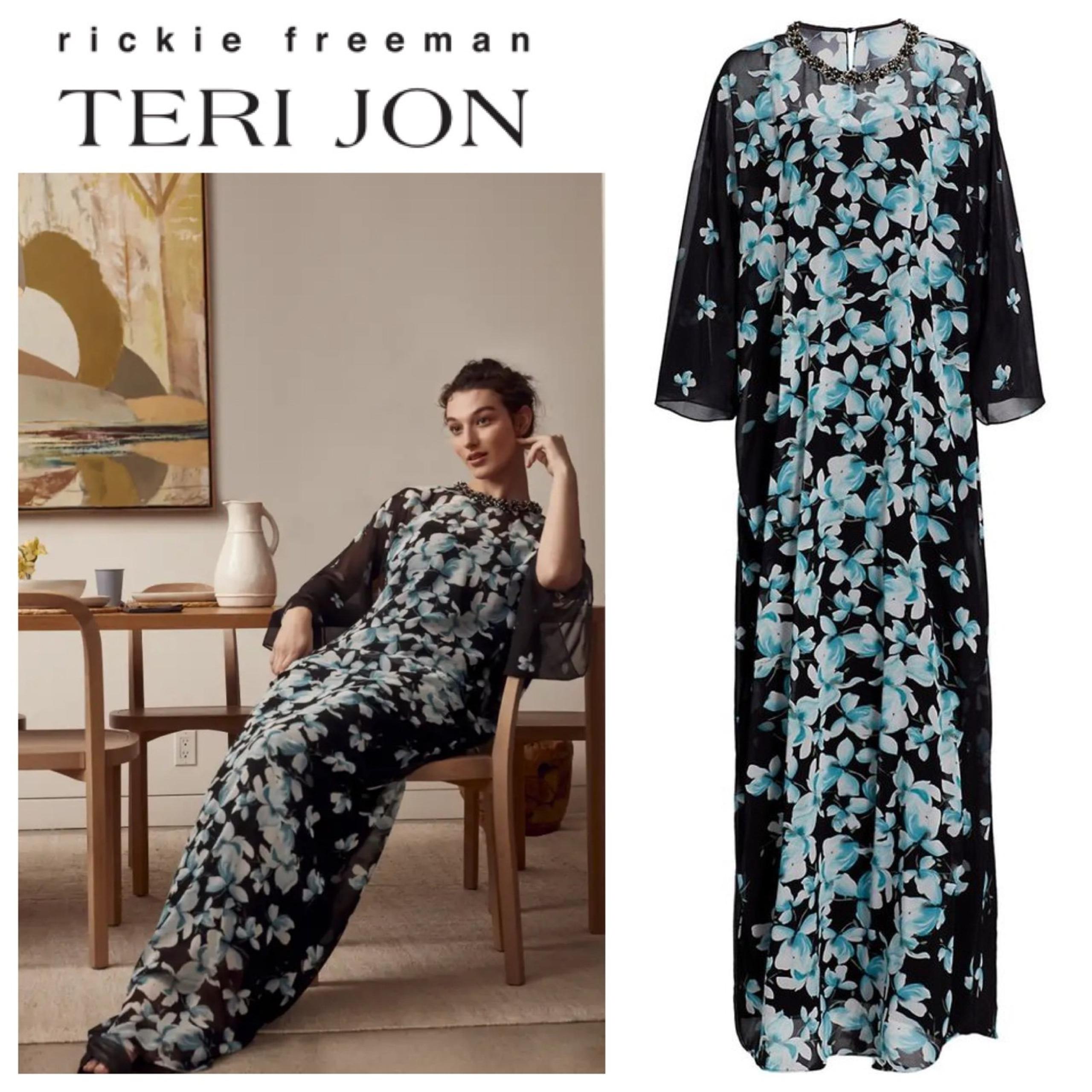 Rickie Freeman for TERI JON Jewel-Neck Floral Chiffon Kaftan Gown
