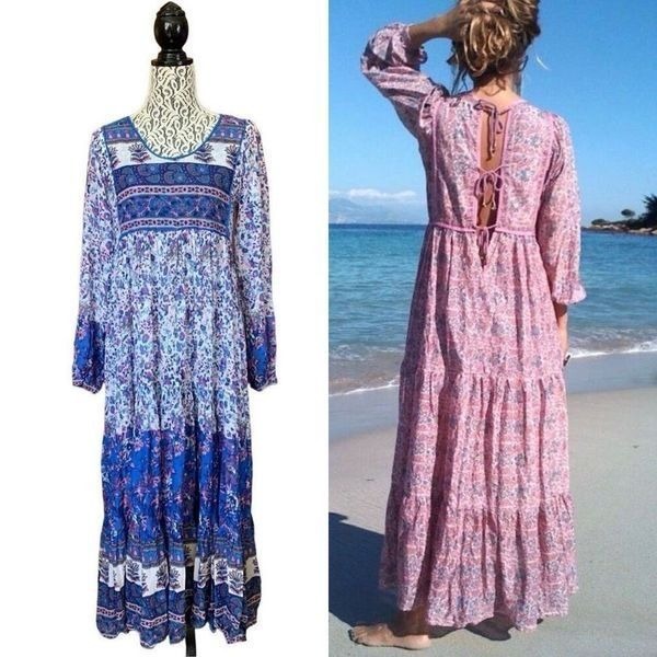 GOA Boho Long Sleeve Cotton Tiered Maxi Dress Blue Size M