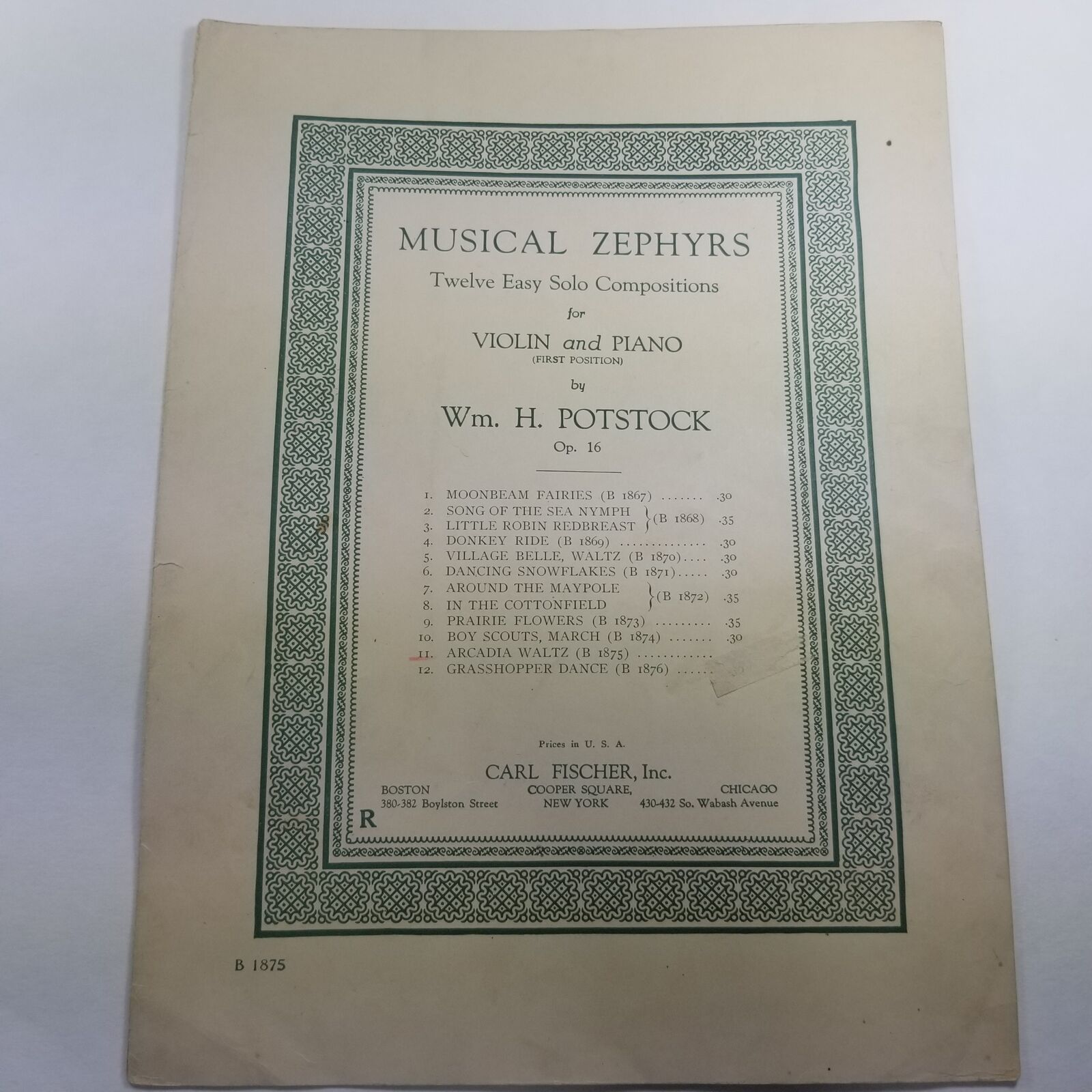 Musical Zephyrs Aracadia Waltz Wm. H. Potstock Op. 16 Violin and Piano 1915