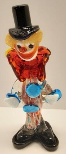 9 Inch Murano Hand Blown Glass Clown, face and tie glows under black light