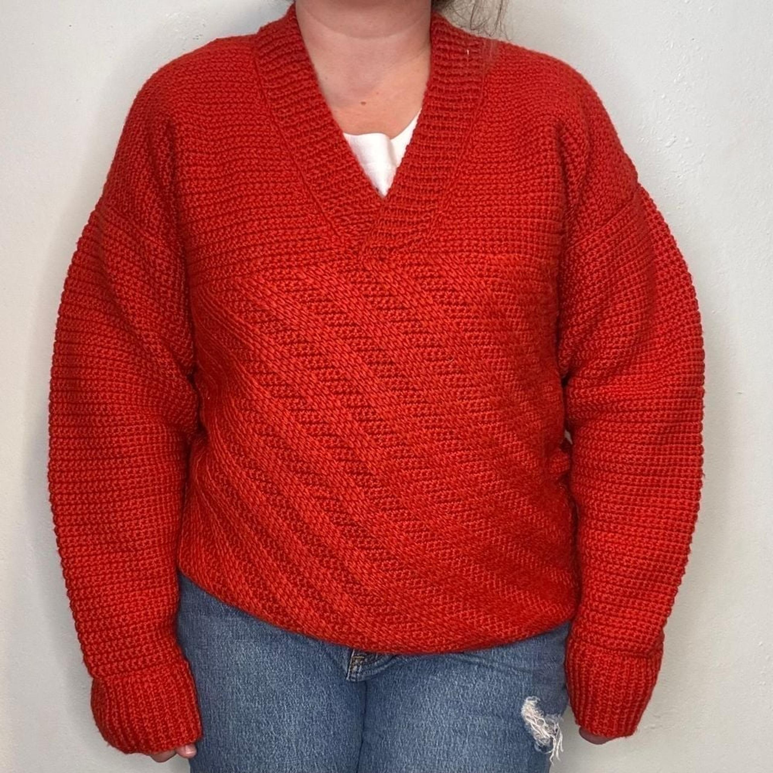 Vintage Heavy Orange Hand Knit Fall Winter Women's V-Neck 70s Sweater Hippie