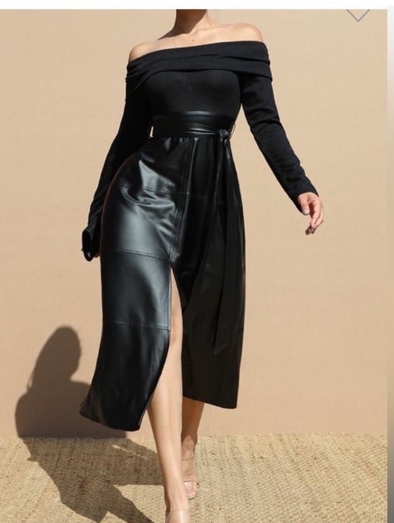 NWT @The King Kouture Off Shoulder Faux Leather Midi Dress Med