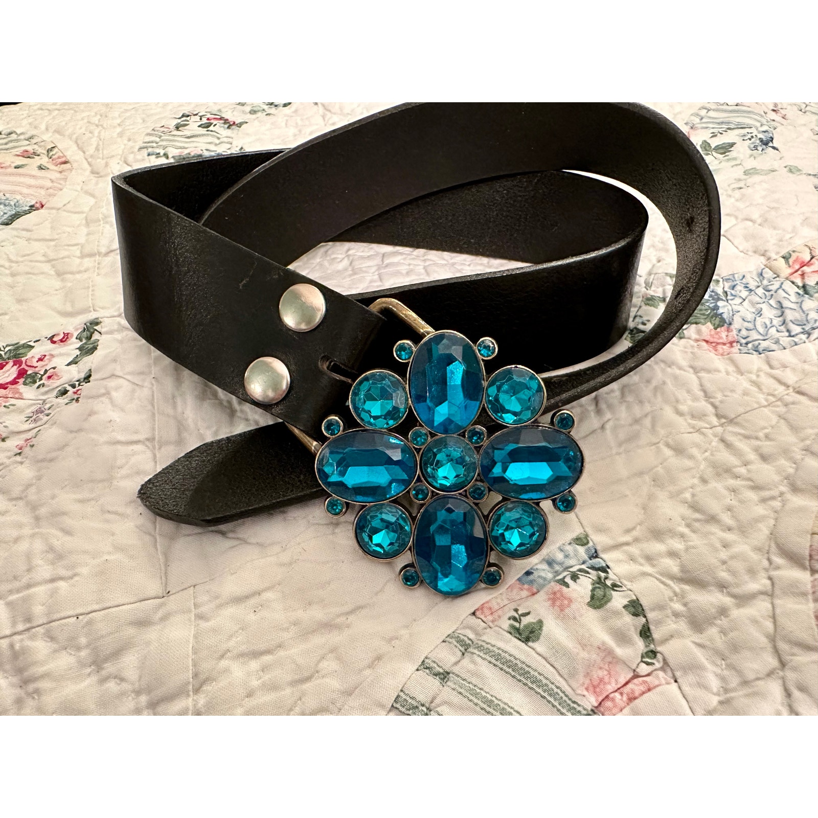 VINTAGE JEWELED STATEMENT BUCKLE BLACK ITALIAN LEATHER BELT