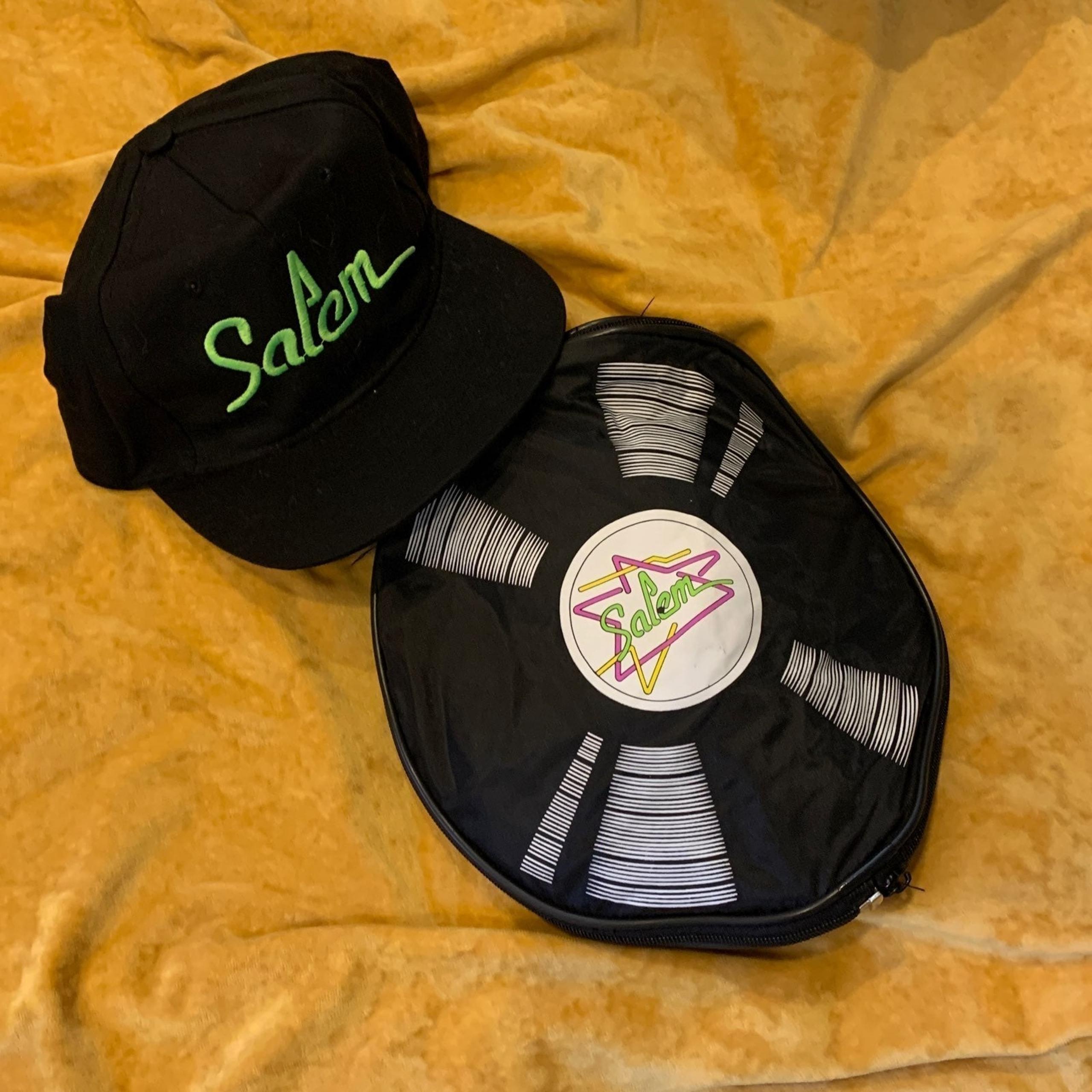 VINTAGE 1992 SALEM CIGARETTES SNAP BACK HAT CAP AND RECORD SHOULDER BAG. Package