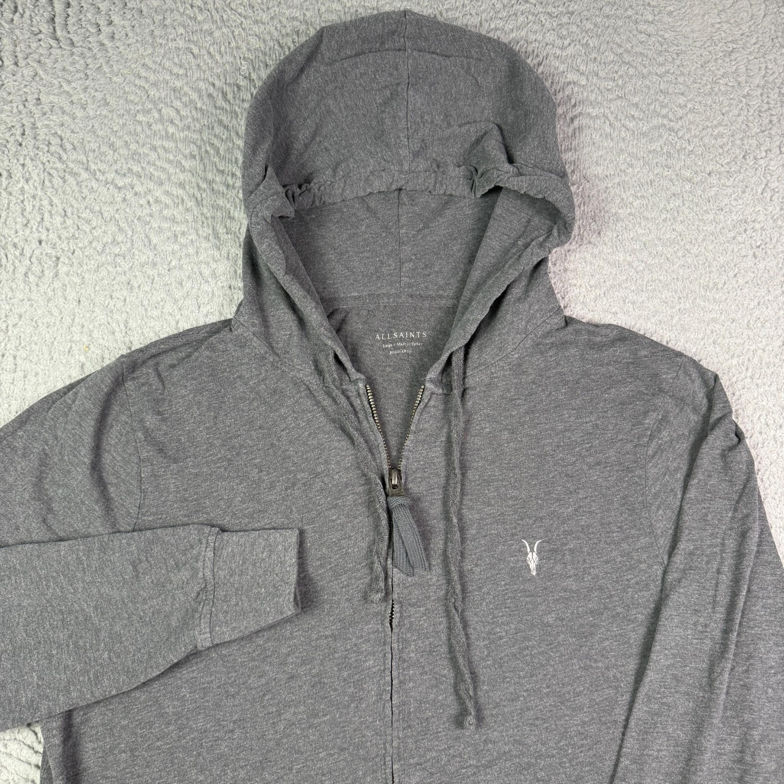 Allsaints Brace Hoodie Mens Large Gray Full Zip Lightweight Ramskull Drawstring