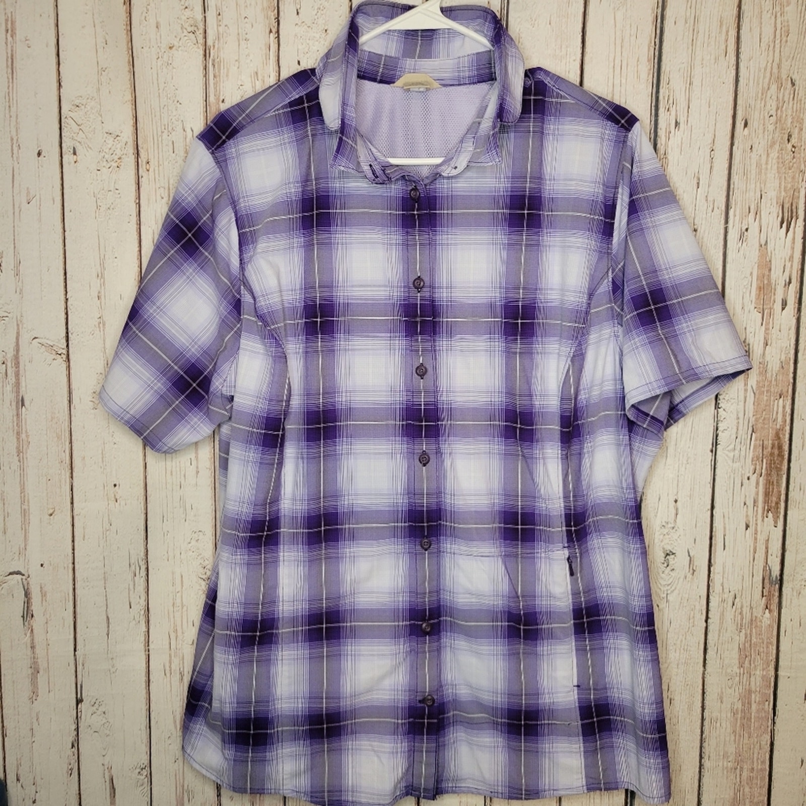 Duluth Trading Co Shirt Women Sz 2XL Purple White Plaid Short Sleeve