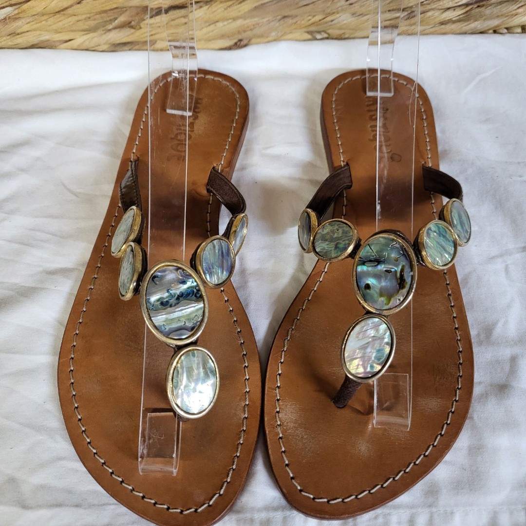 MYSTIQUE Jeweled Thong Sandals Womens 7 Abelone Shell Gem Shoes Resort Cruise