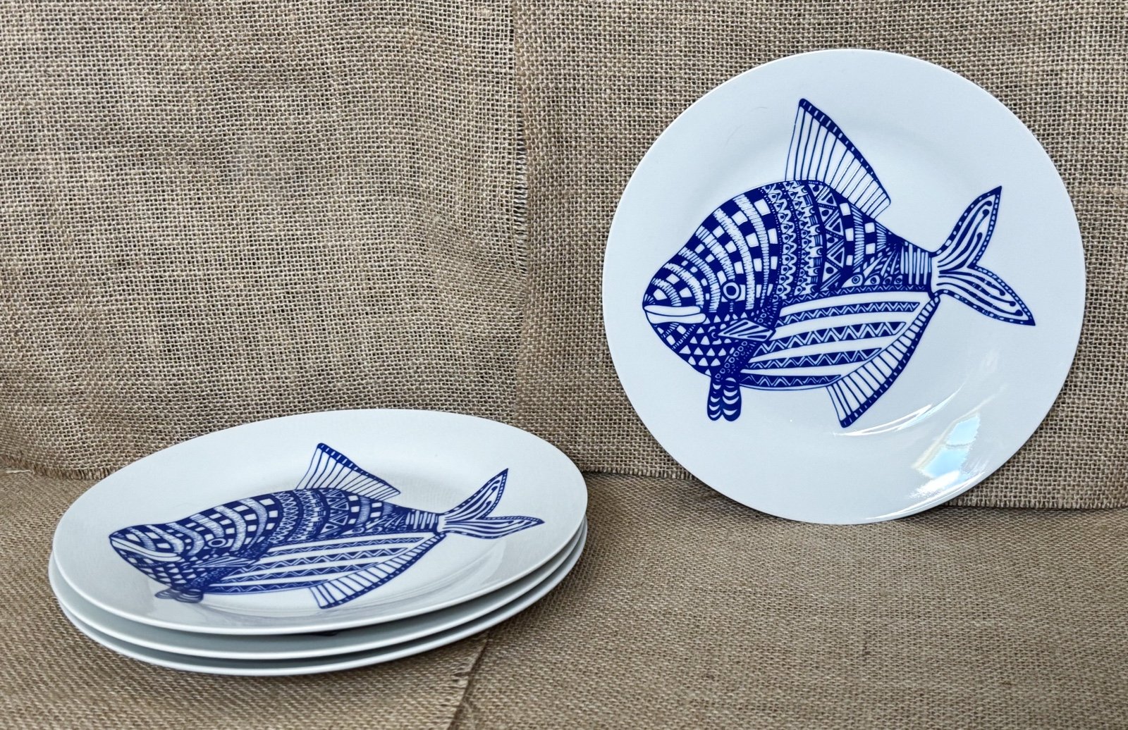 White Blue Fish Plates 8 Inches Set Of 4 Kitsch Coastal Grandma Ocean Nautical