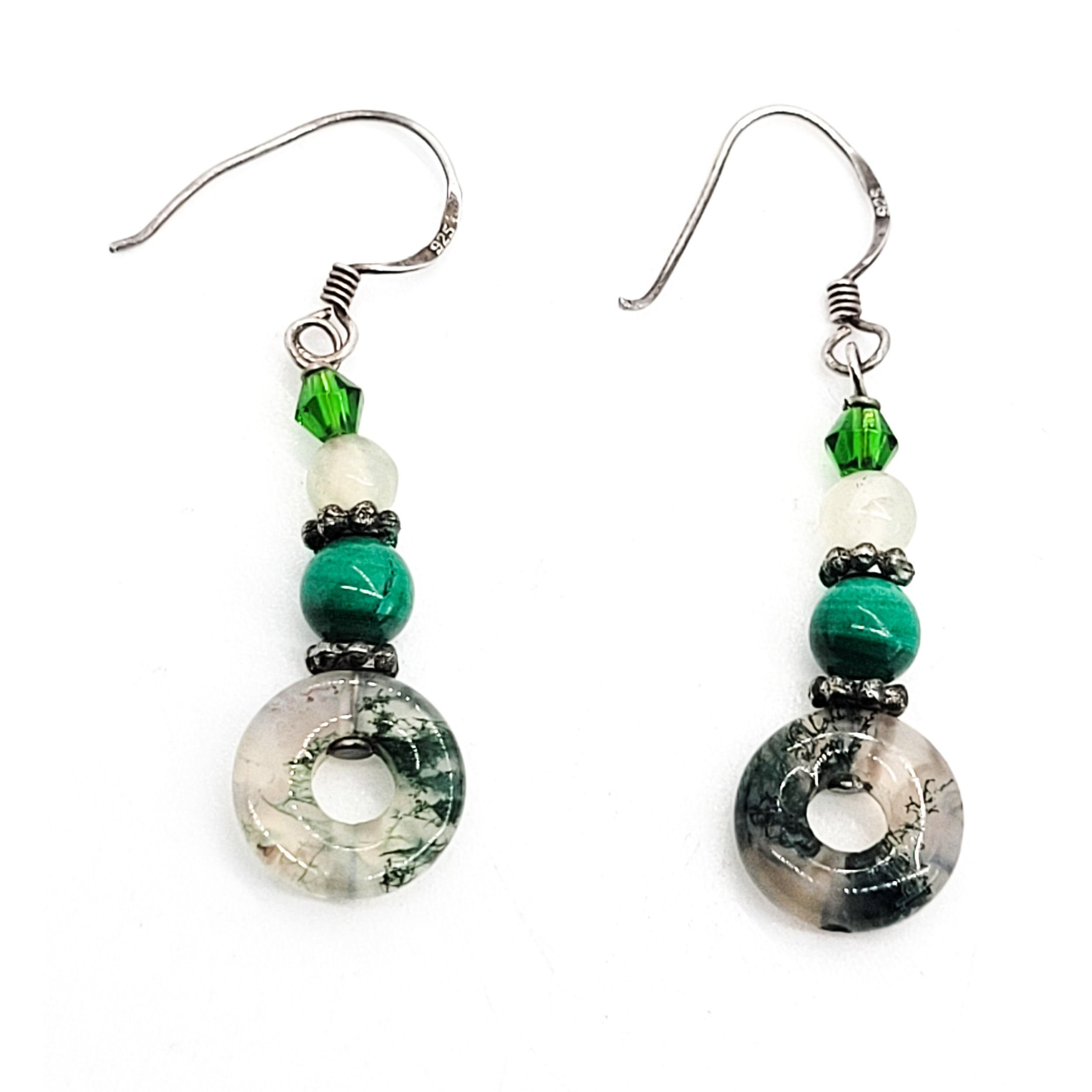 Moss agate beaded green and white gemstone sterling silver vintage earrings