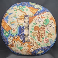 VTG PEKINESE ASIAN STITCH MOTIF PAGODA PEACOCK BL VELVET ROUND FOOTSTOOL PILLOW