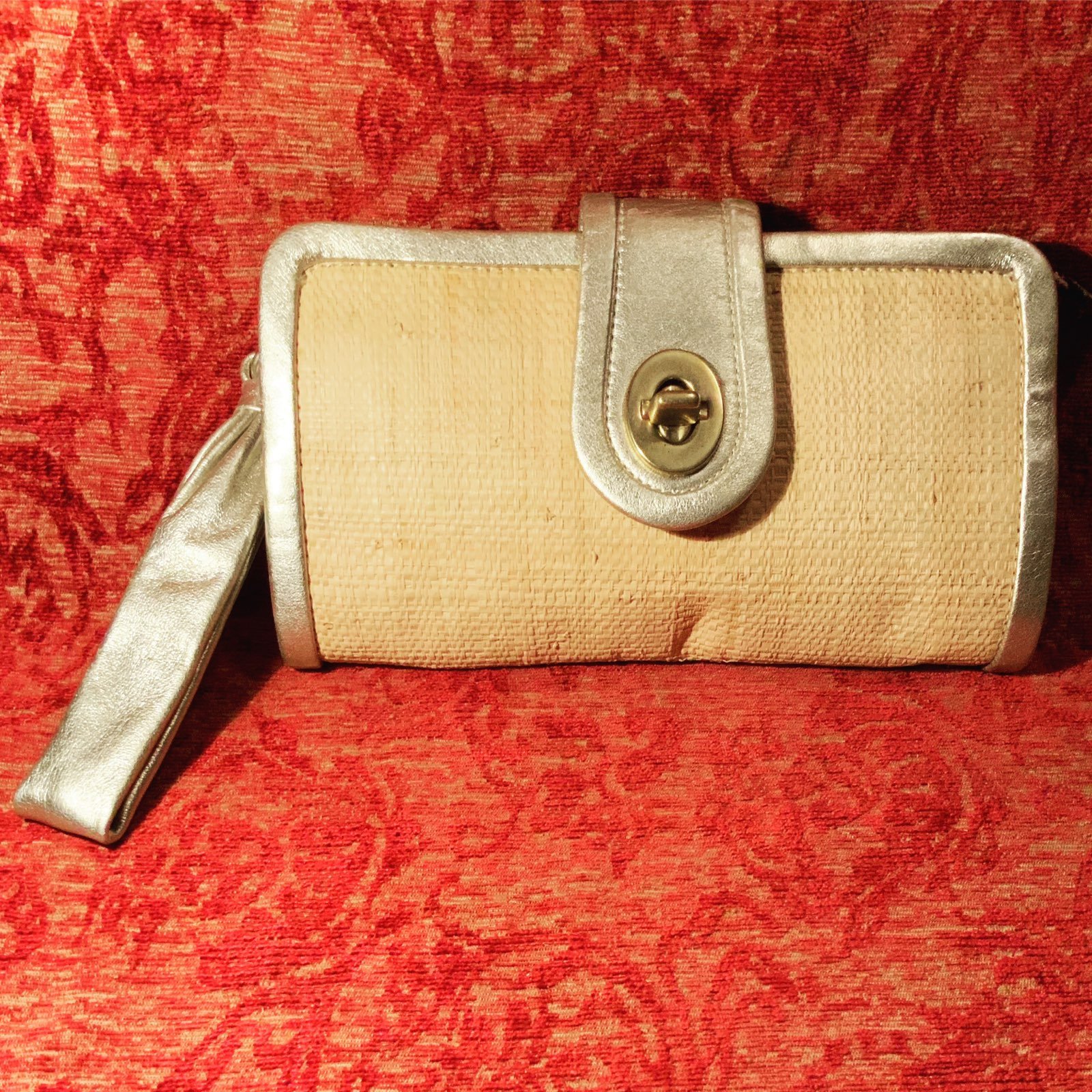 Silver Straw Coach Clutch Wristlet Bag
