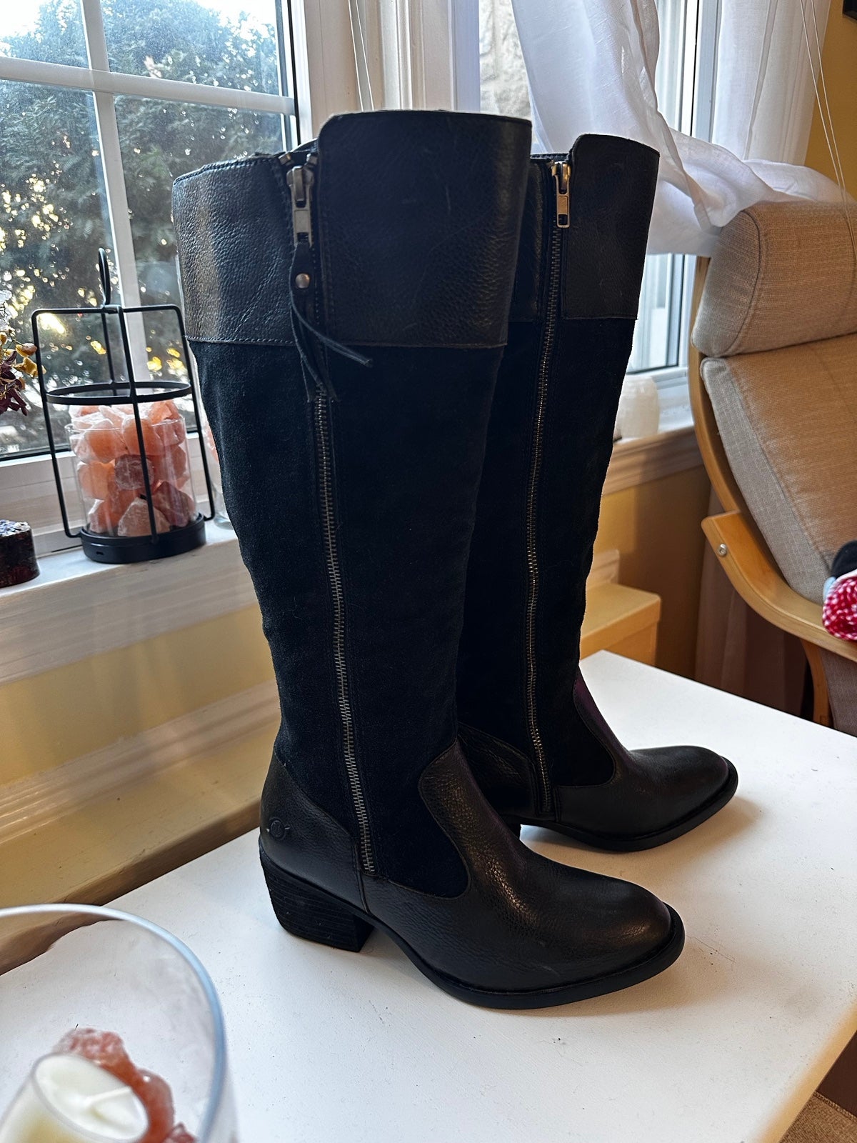 Born high boots Black mixed media suede and leather