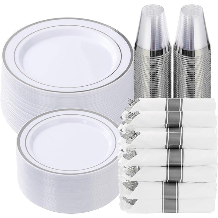 350 Piece Silver Plastic Dinnerware Set for 50 Guests, Fancy Disposable Plates