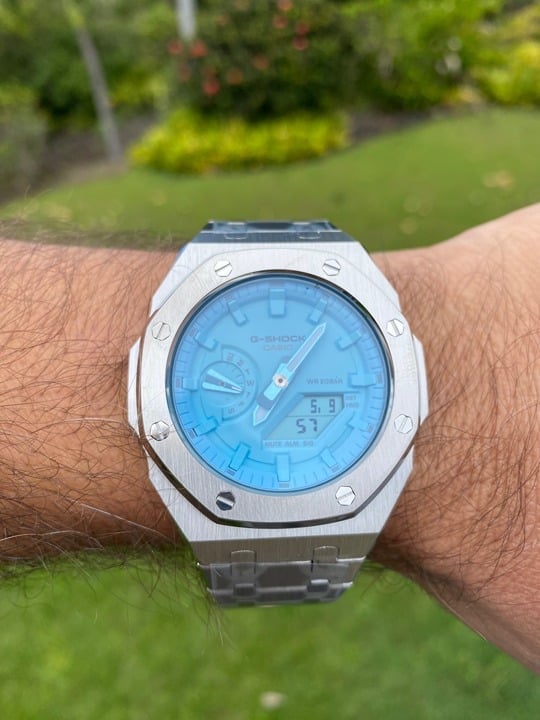 New Casio G-Shock GA2100 Custom MOD SILVER Band, Light Blue Dial