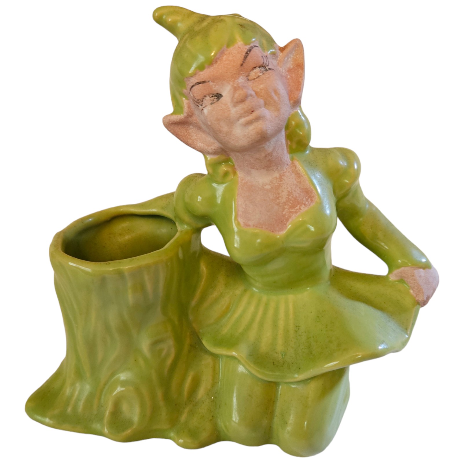 HTF VINTAGE GILNER POTTERY KNEELING PIXIE FAIRY ELF CHARTREUSE LOG STUMP PLANTER