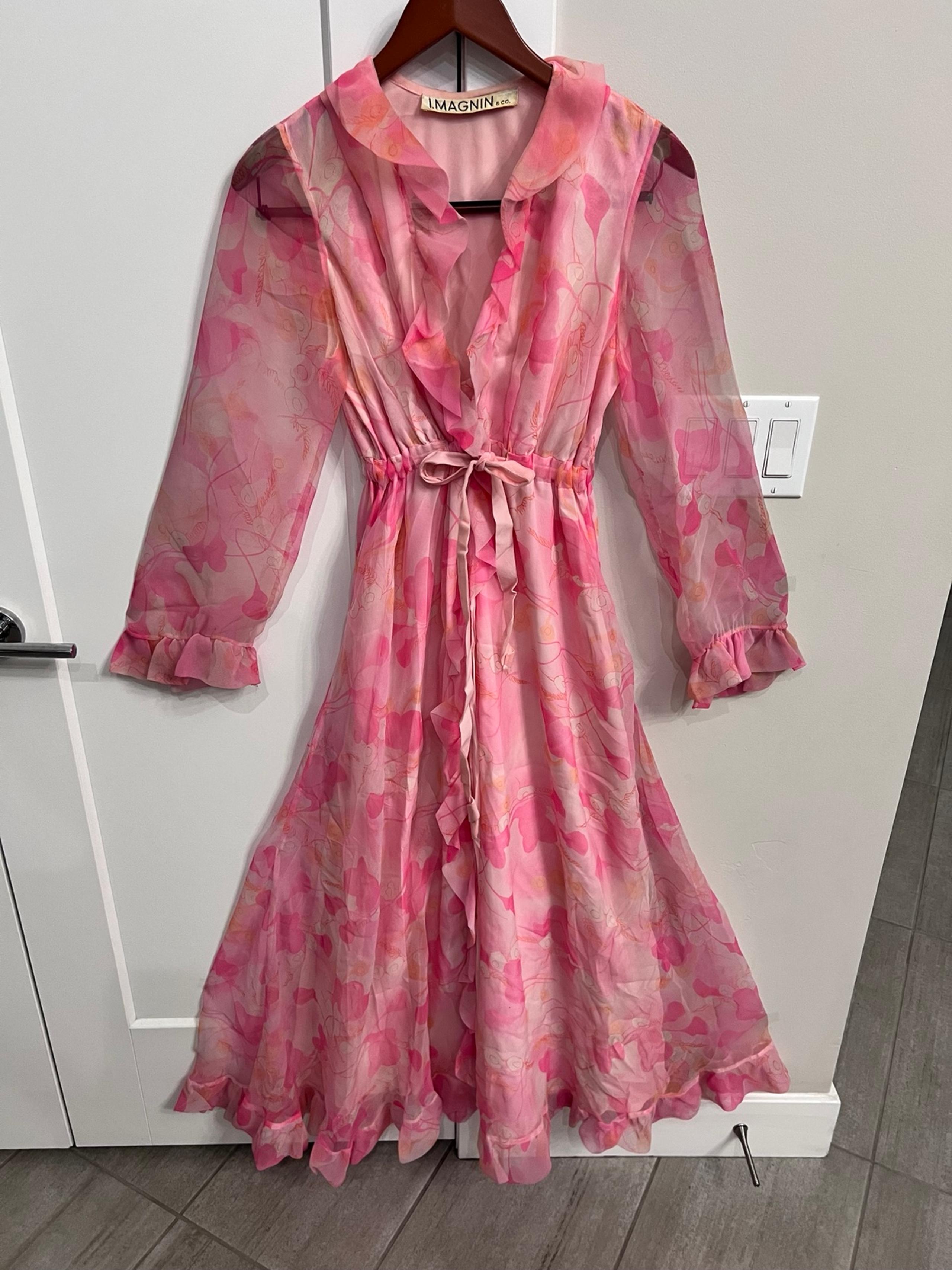 Vtg 1960s I. Magnin Odette Barsa Pink Floral Chiffon Robe Dressing Gown Women