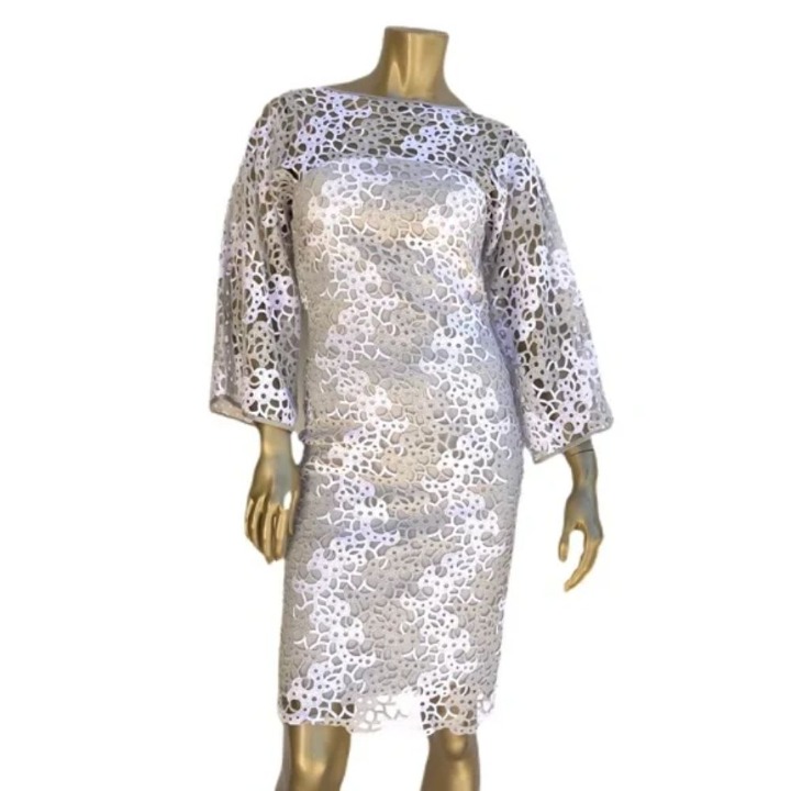 RUBIN SINGER CAMELIA LACE SHEATH DRESS W/ KIMONO FLARE SLEEVES 4 MADE IN NYC