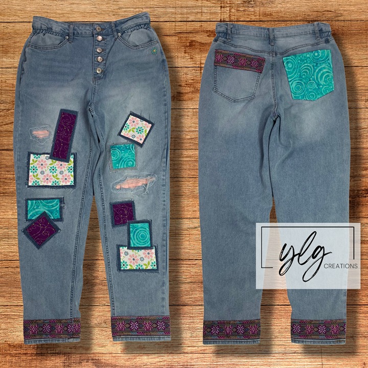 NoBo Distressed Jeans Boho Patchwork Flower Teal Pink Button Fly High Waist 11