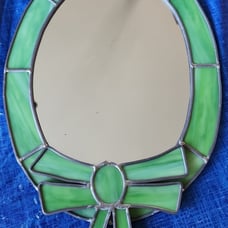 Vintage Stained Green Glass Mirror & Bow Tiffany-like 14 × 9.5in