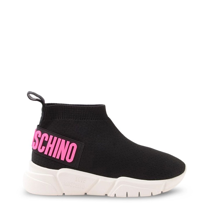 Love Moschino women's black mesh slip on ankle sneakers with rear pink logo