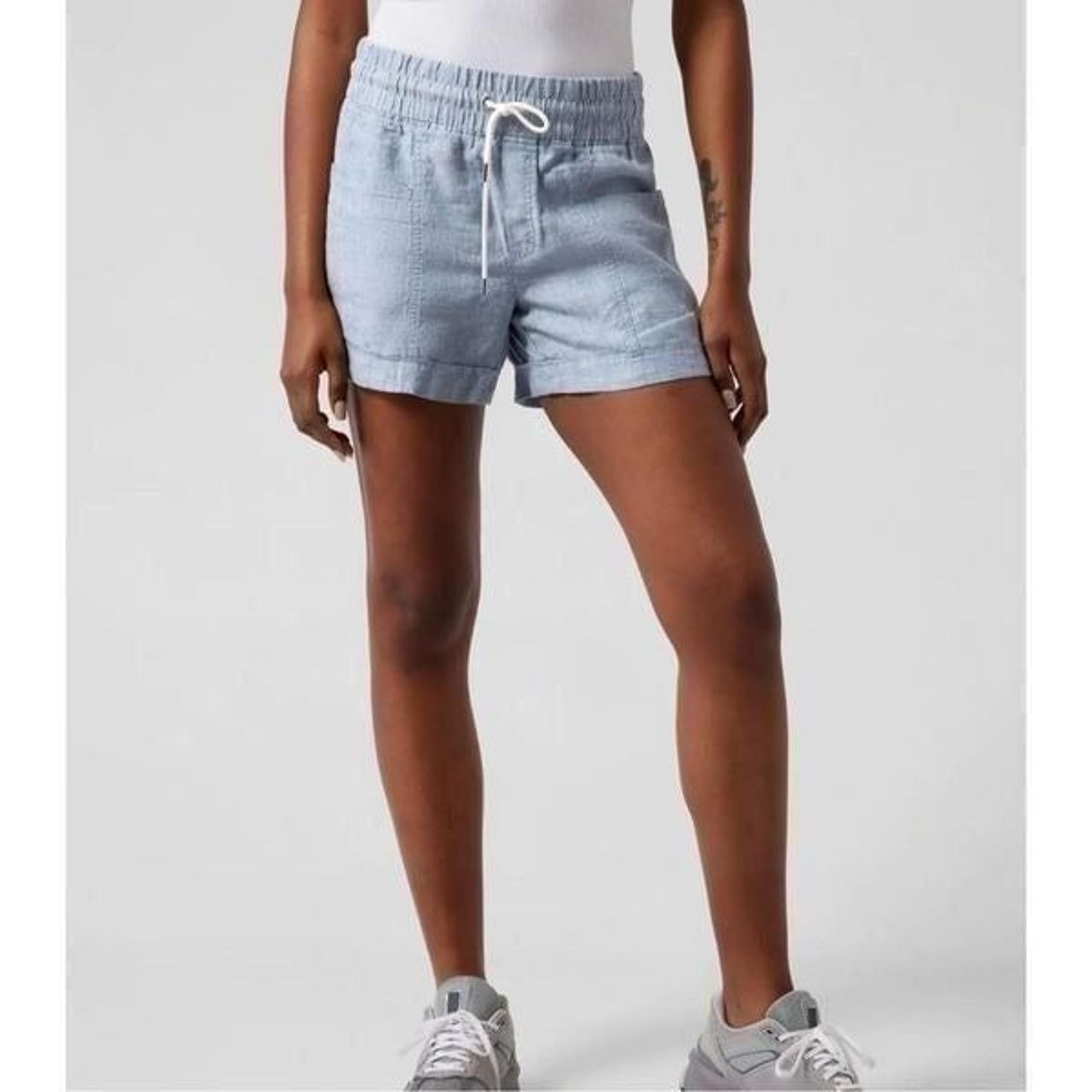 Athleta Cabo Linen 4" Womens Shorts 2 Blue Pockets Drawstring Elastic