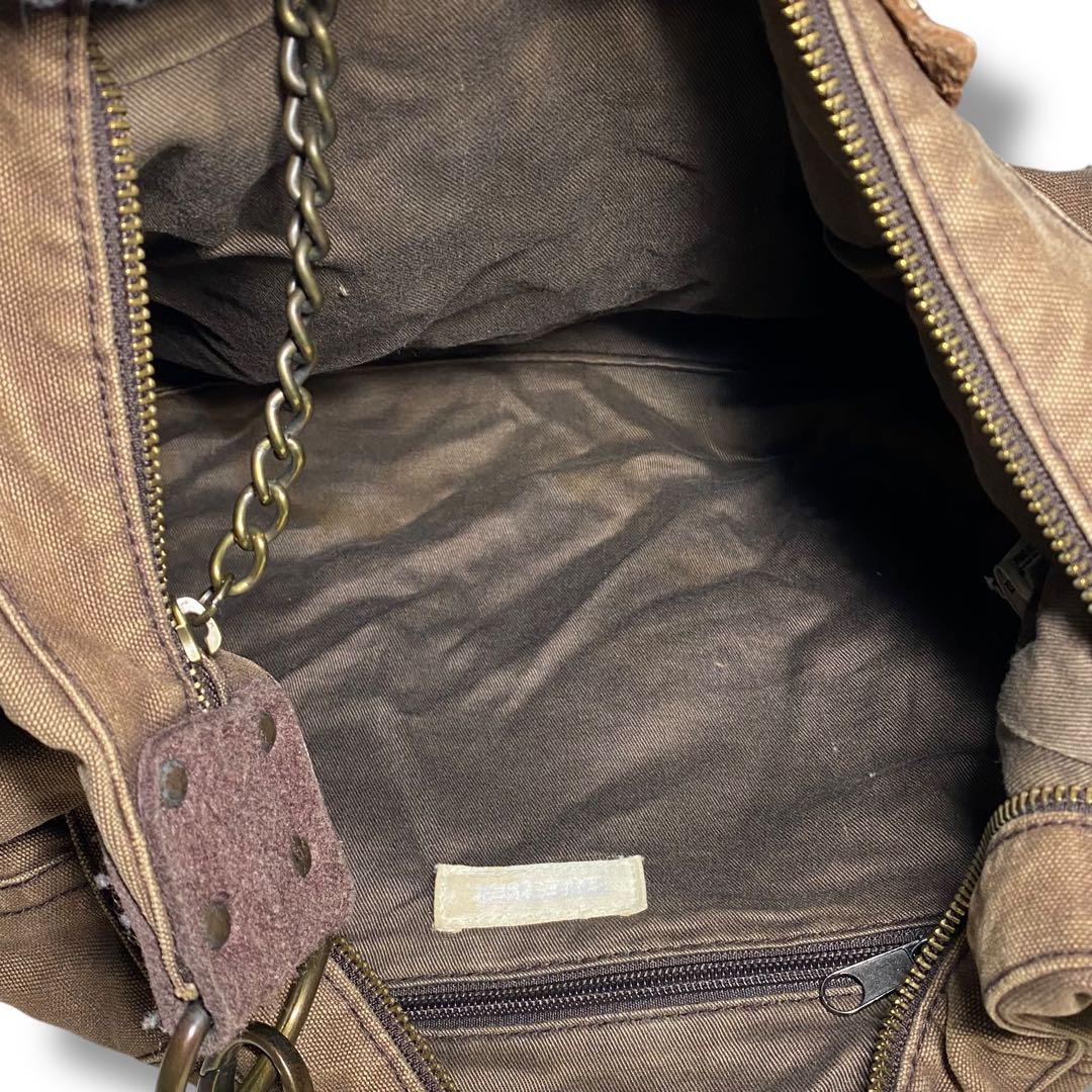 DIESEL Brown Canvas Womens Shoulder Bag Leather Logo 00s Y2k