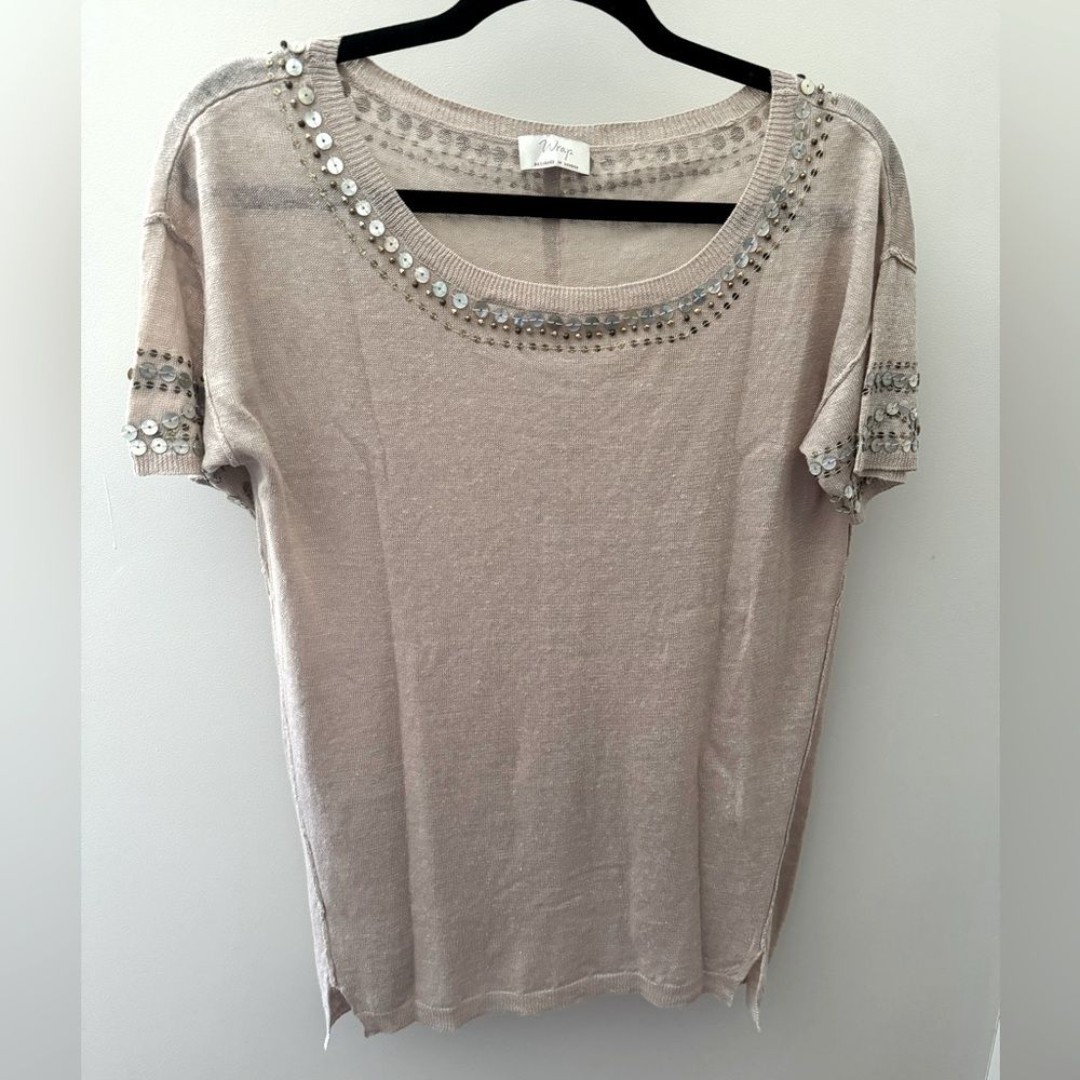 Cottagecore Wrap London Tan Linen Embellished Split Back Knit Sweater T-Shirt 6