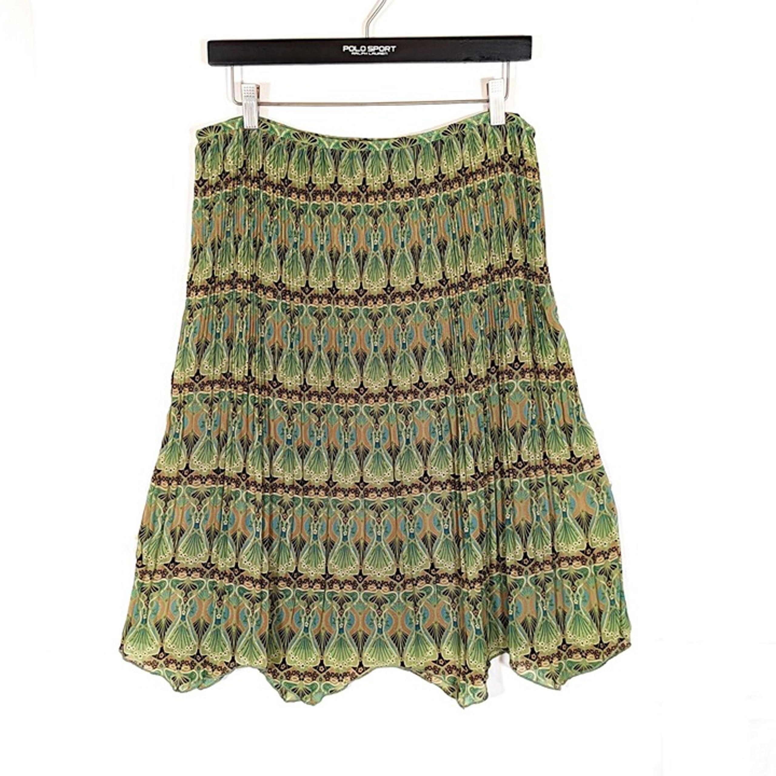 Dressbarn Size 8 Ribbed Pleated Accordion Skirt Midi Green Peacock Print Boho