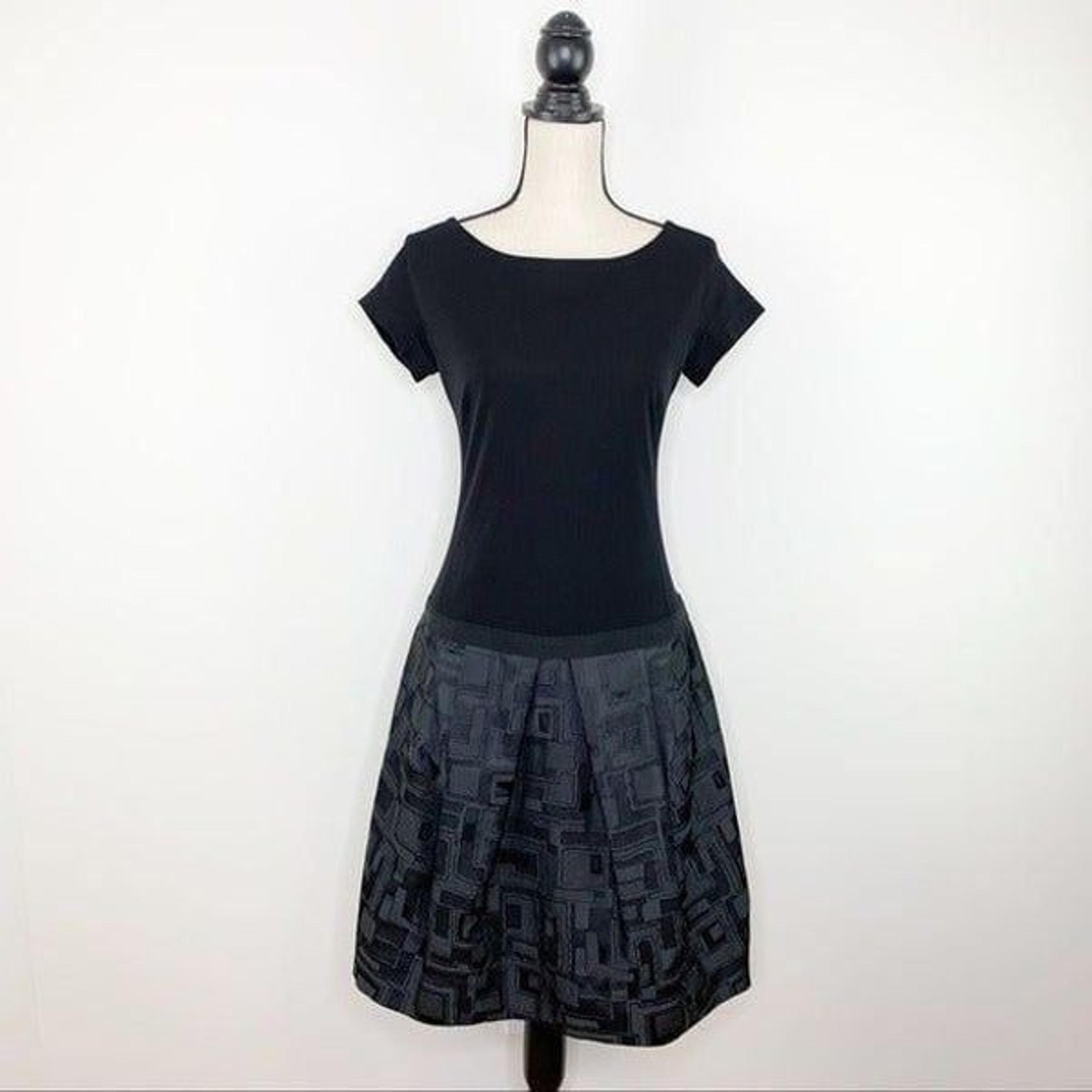 Lida Baday Black Short Sleeved Cocktail Dress w/Full Skirt and Grosgrain Trim 8