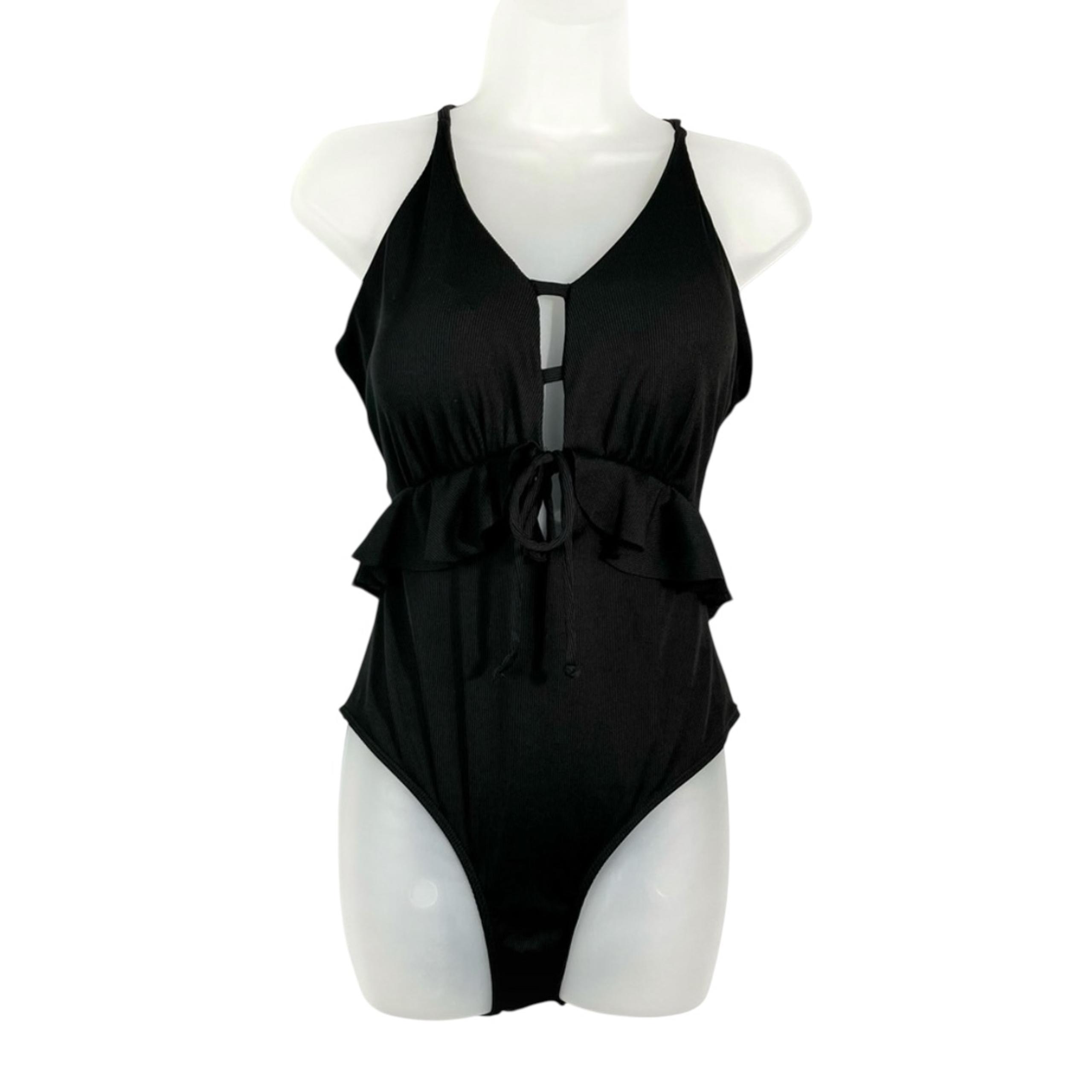 Shein Black Women’s Ribbed Cutout Ruffle Waist Tie Back One Piece Swimsuit 1XL