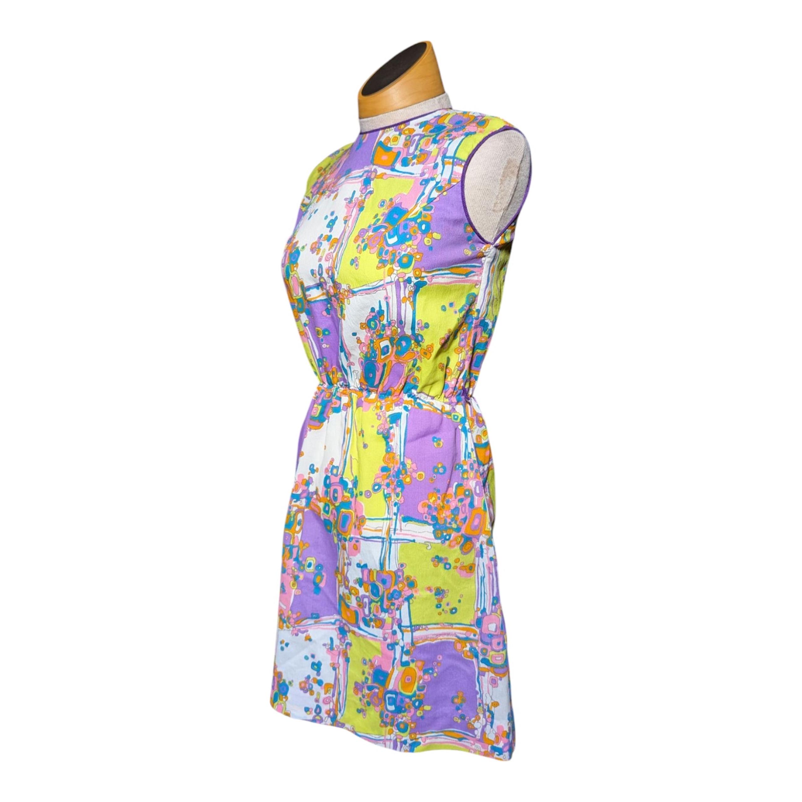 Vtg 1960s Purple Green Bold Geometric Print Mod Sleeveless Mini Dress Sz S