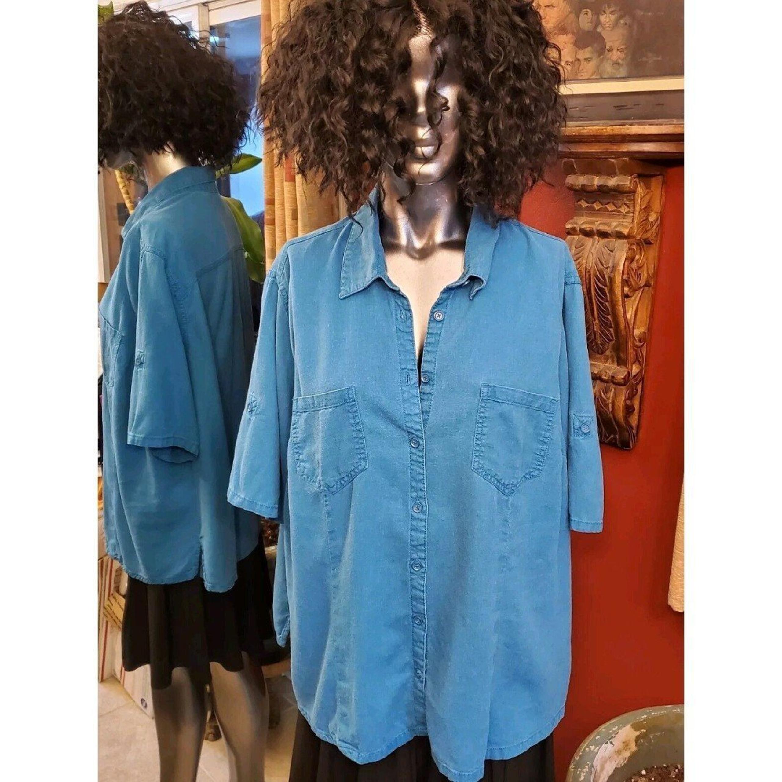 Just my size Linen Blend Plus 2X Aqua Roll-up Sleeve Button Down Shirt (18W-20W)
