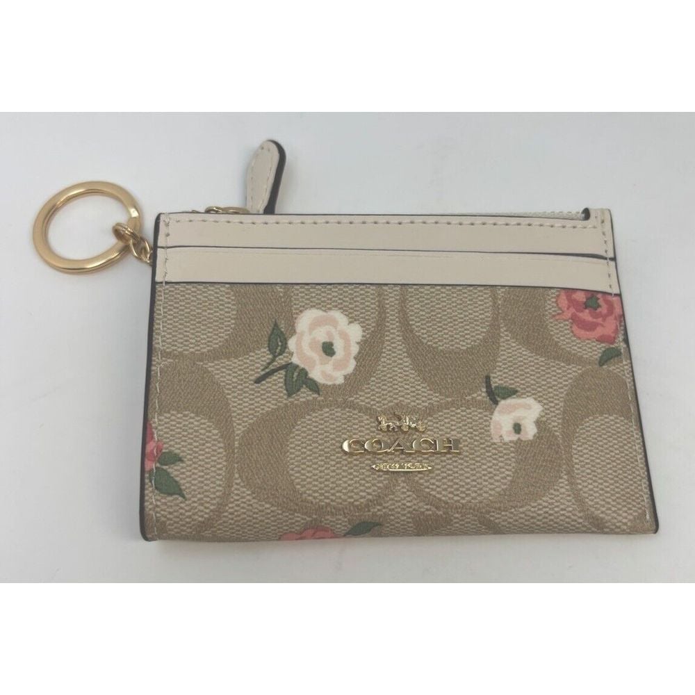 Coach Mini Skinny Id Card Case Flower Print Light Khaki Chalk Keychain CR972 NWT