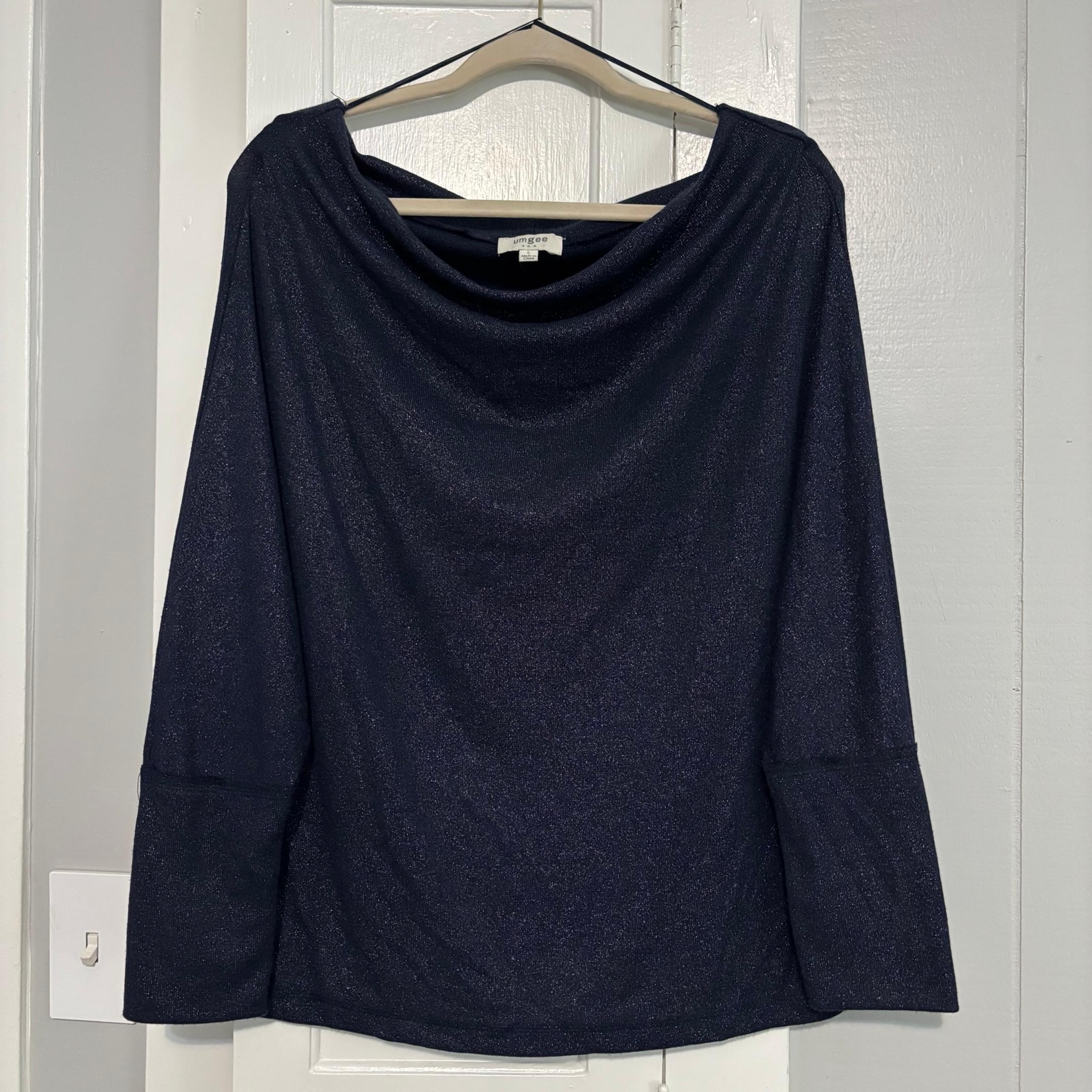 Women’s Navy Blue Umgee Shimmer Off The Shoulder Draped Neck Knit Blouse Top
