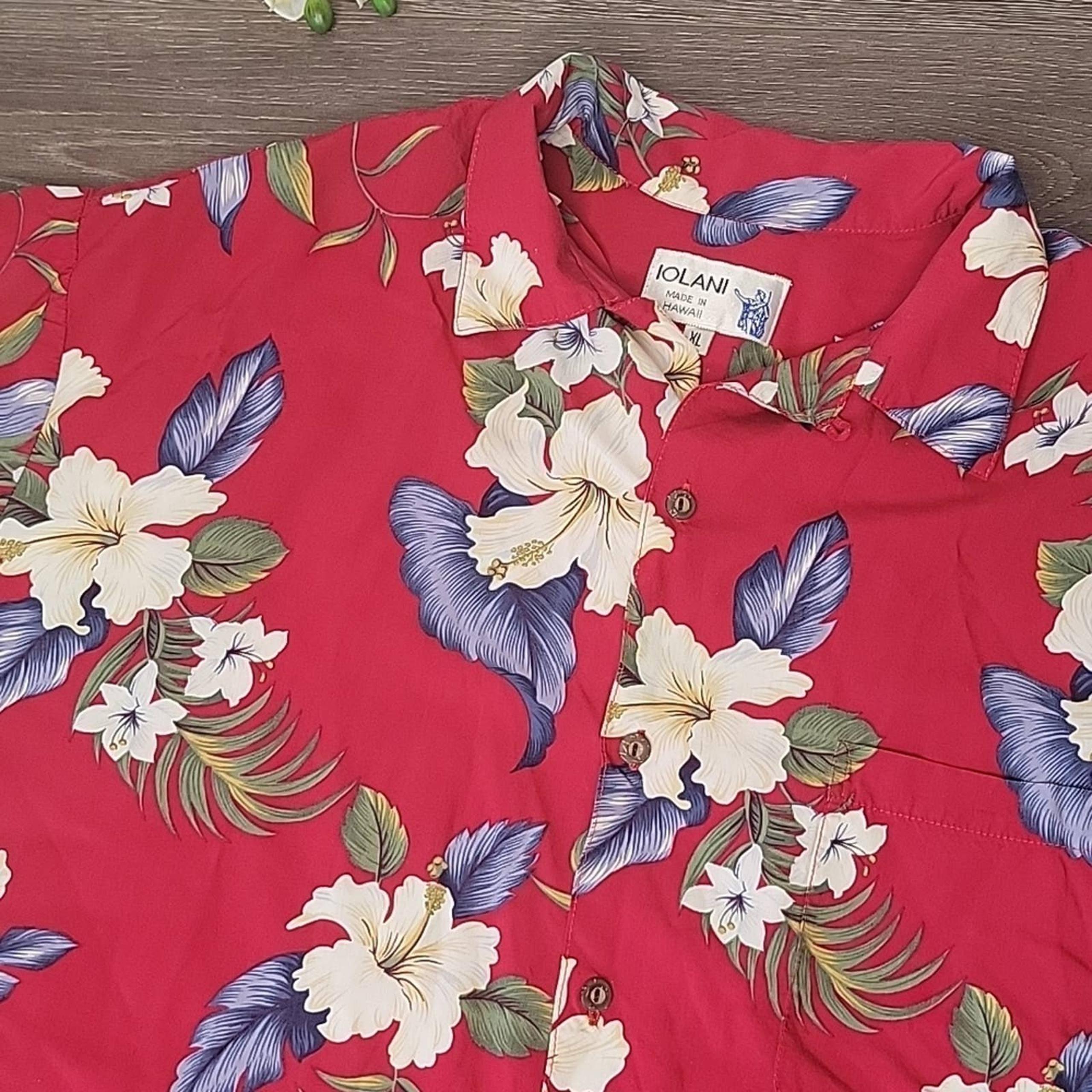 IOLANI Men's XL Hawaiian Aloha Vintage Button-Down Short-Sleeve Shirt Red