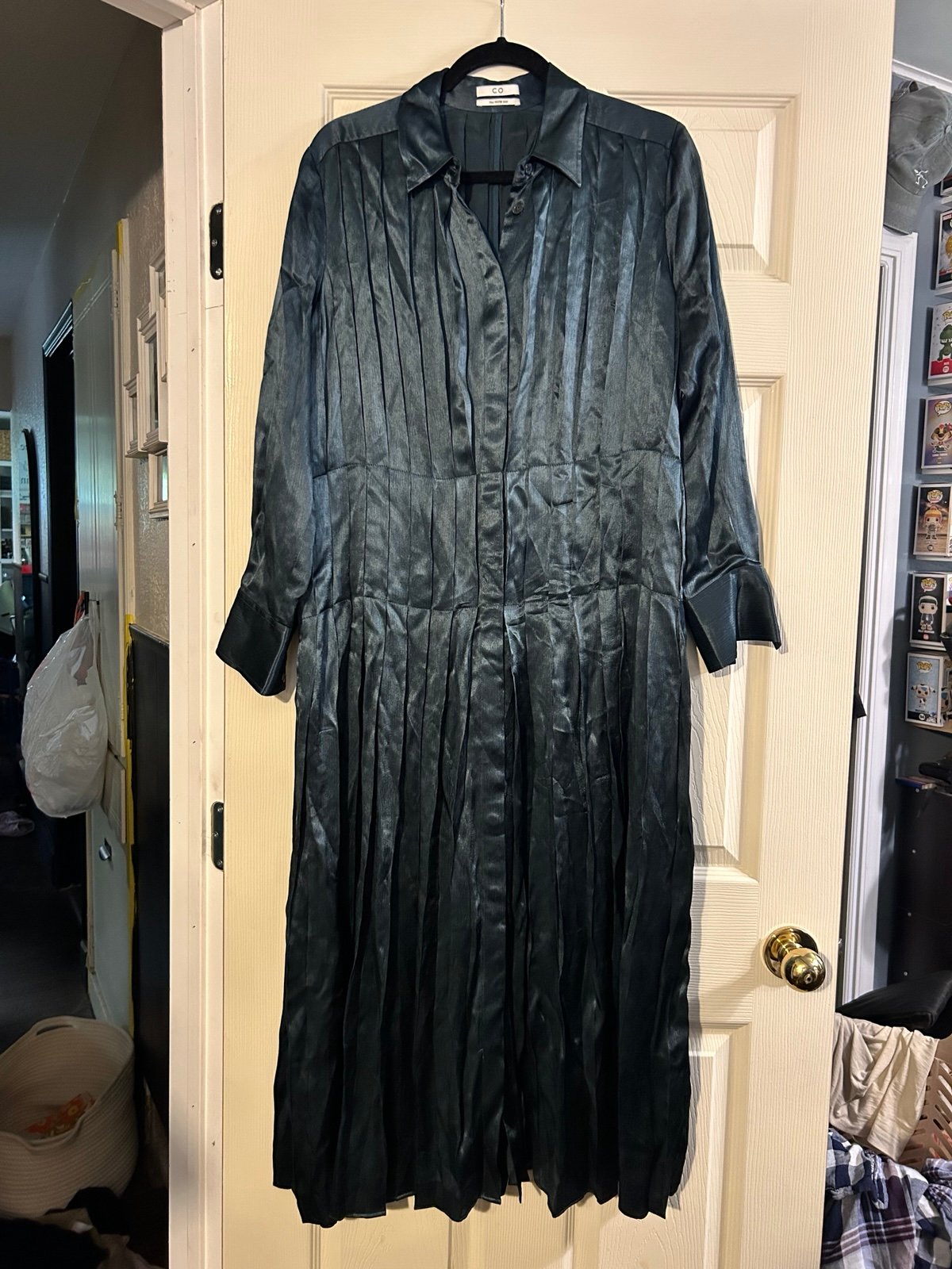 CO Crinkle Satin Pleated Shirt Dress