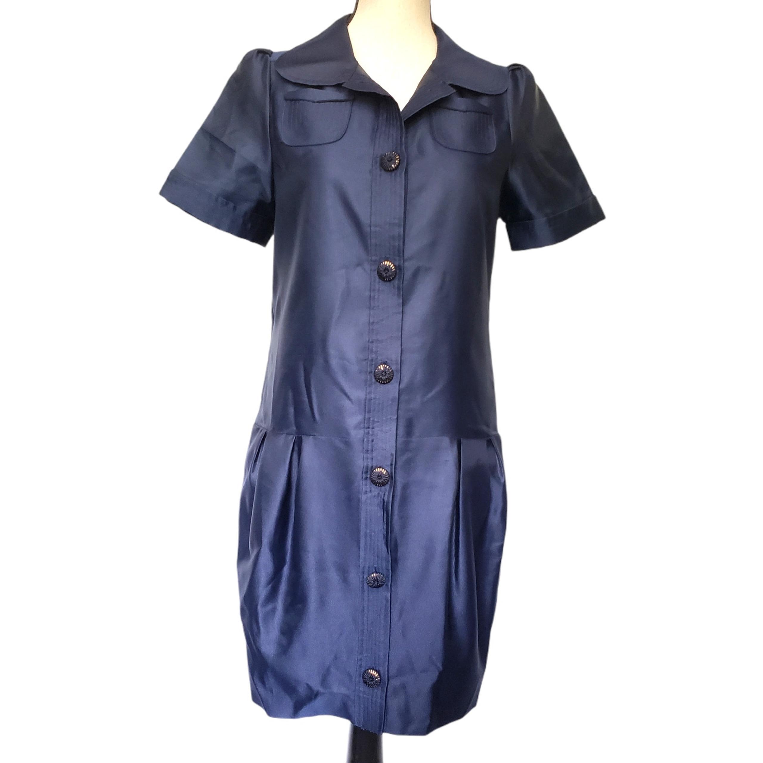 Womens Dress Size 4 Shirt Dress Button Up Retro Navy Drop Waist - Thread Social