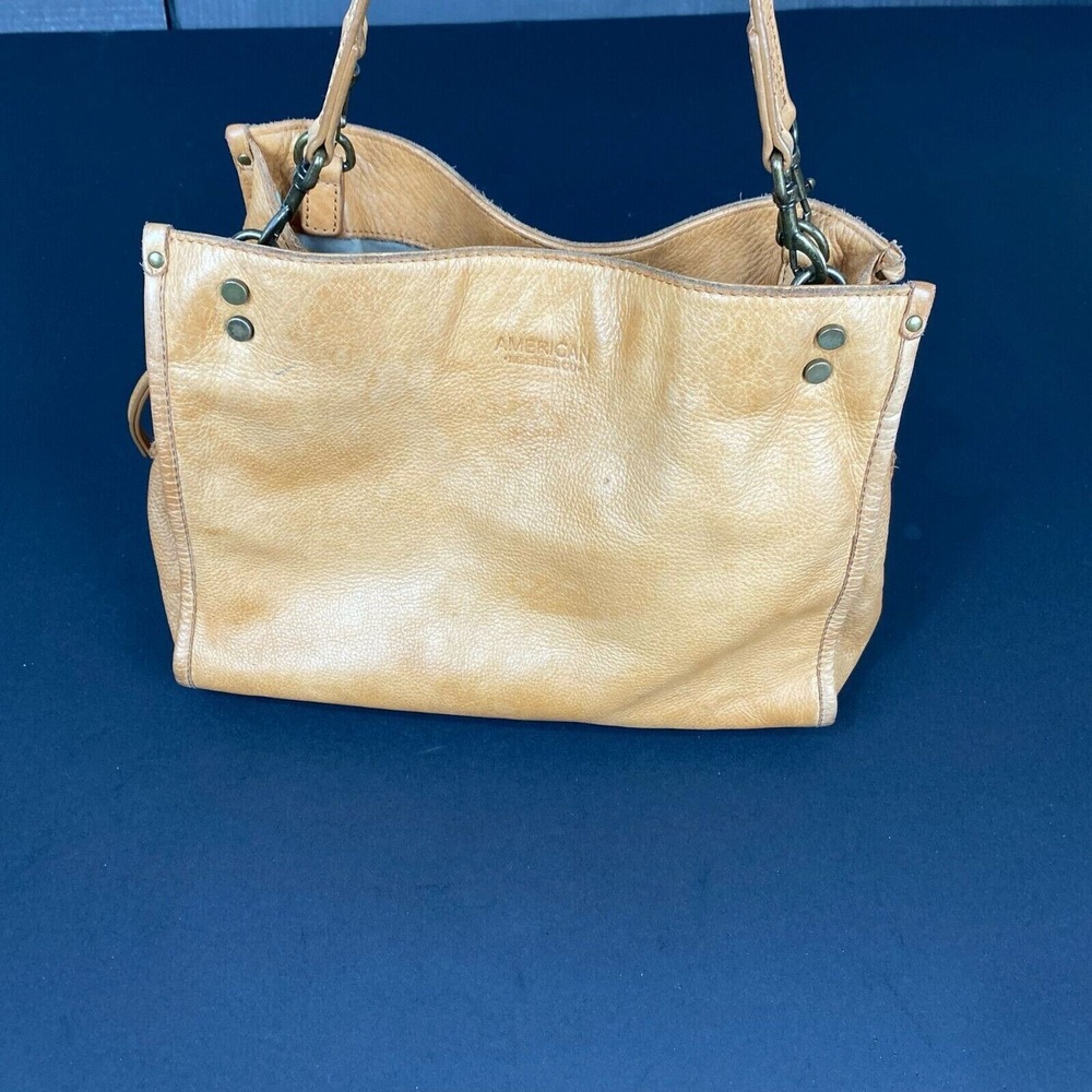 American Leather Co Lenox Triple Entry Satchel Bag Purse Cognac Brown Hardware
